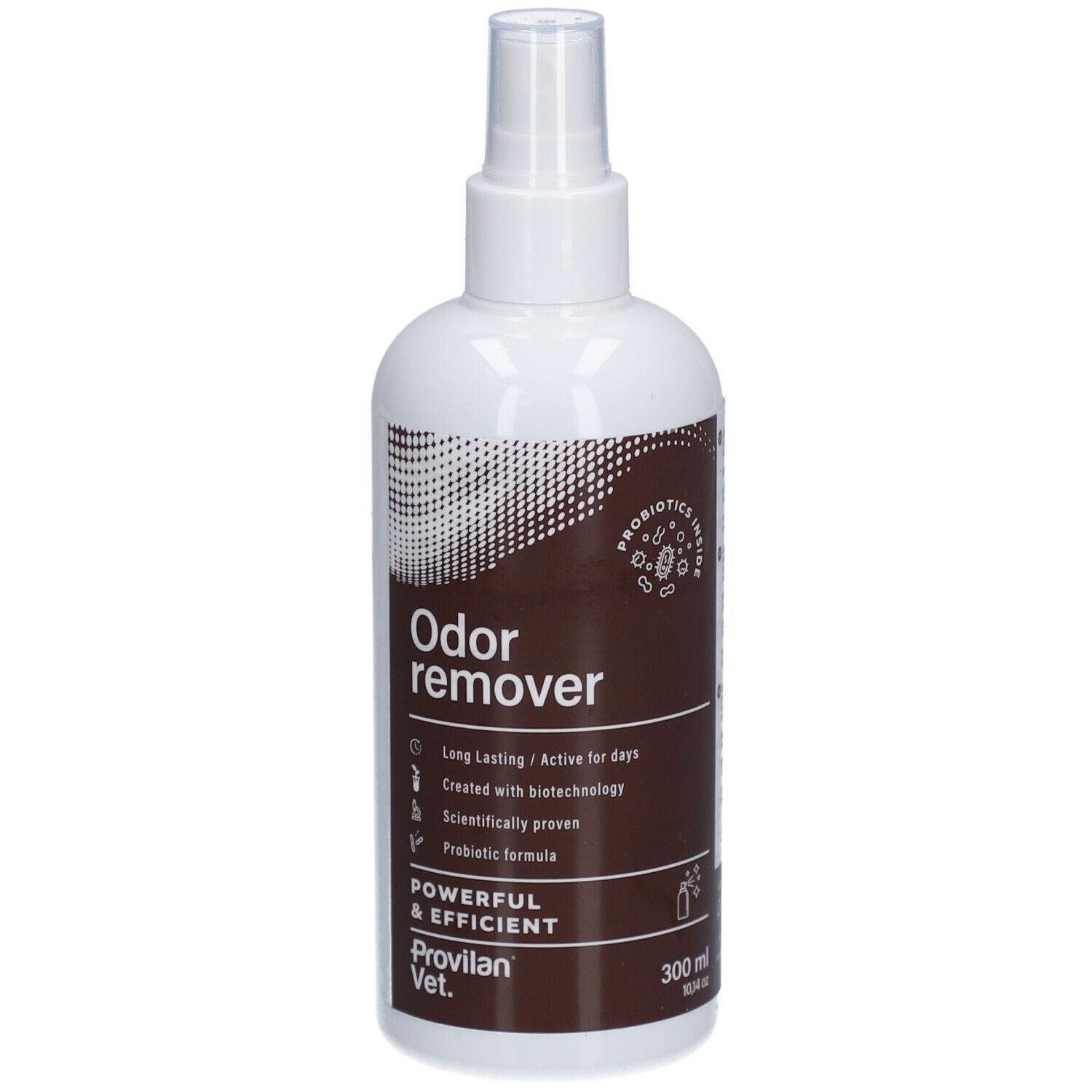 Witte spuitfles met bruin etiket. Opschrift: Odor remover. Bevat probiotica. Merk: Provilan Vet.