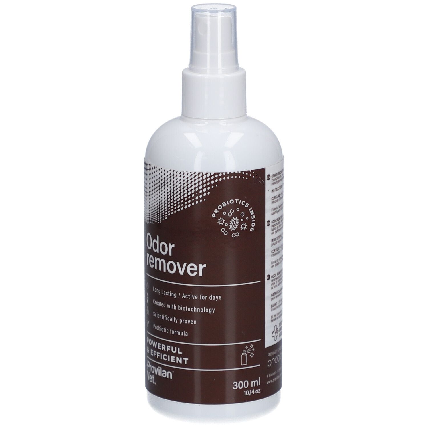 Witte spuitfles met bruin etiket. Opschrift: Odor remover. Bevat probiotica. Merk: Provilan Vet.