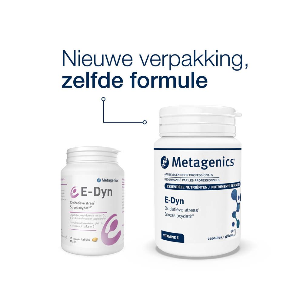 Witte doos met E-Dyn logo en tekst. Bevat 60 capsules. Merk: Metagenics.