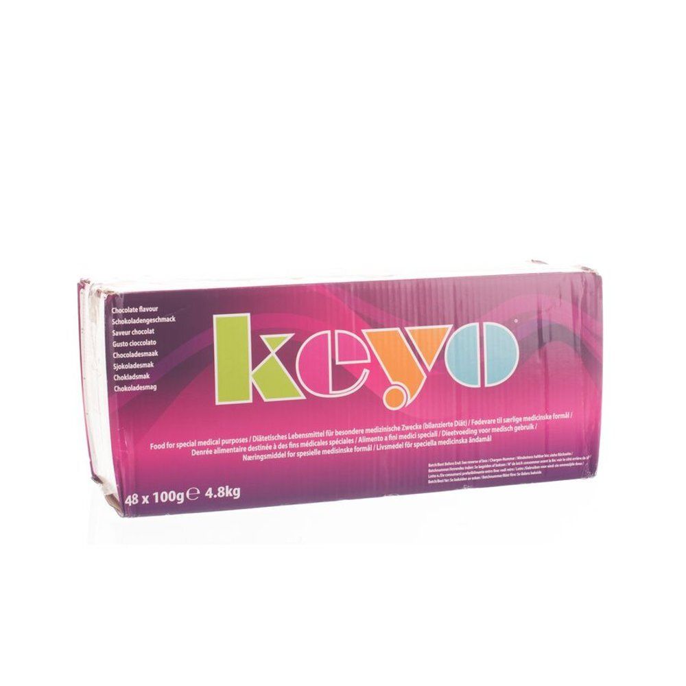 Keyo-doos. Opschrift: 48 x 100g 4.8kg. Meertalige tekst. Chocoladesmaak.