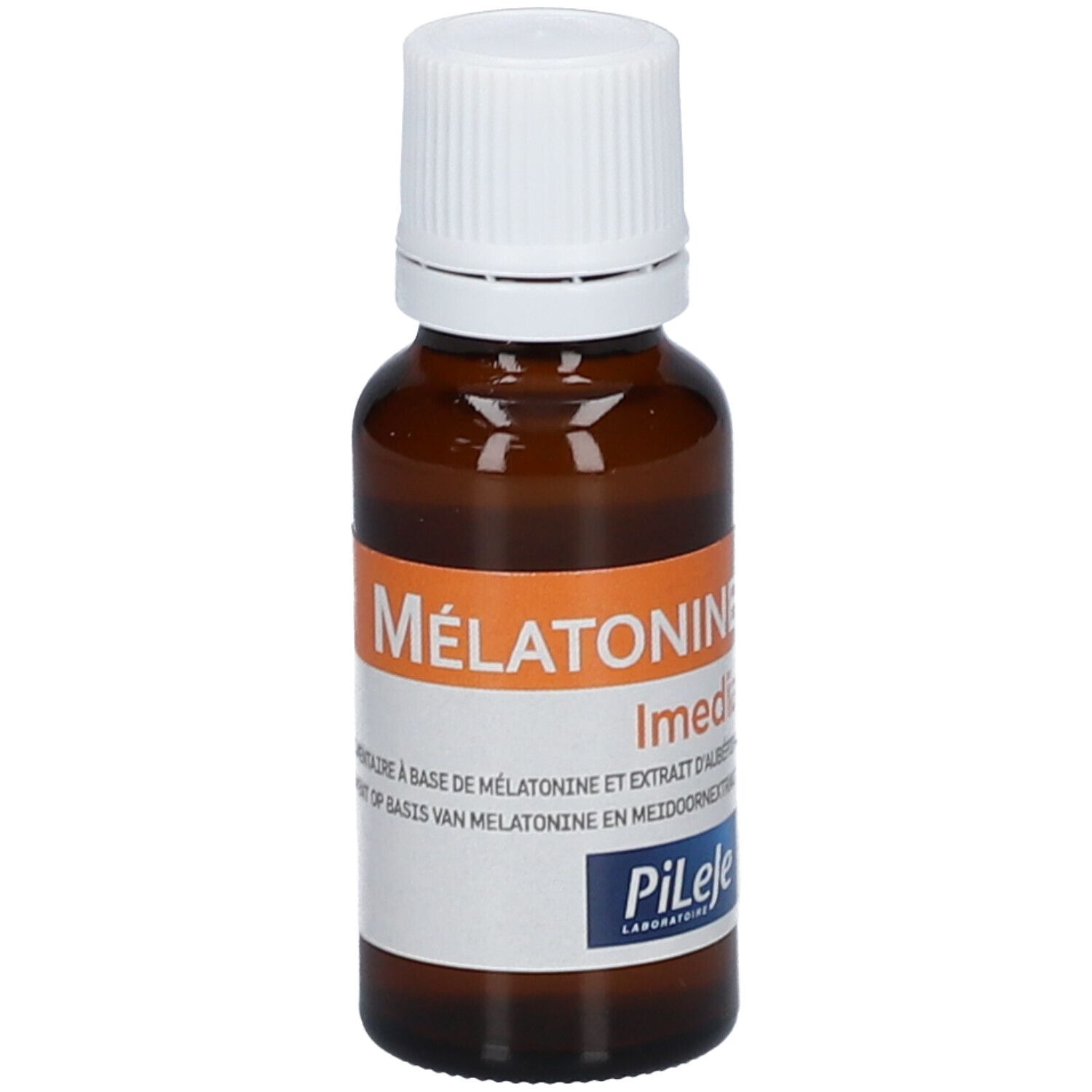 Bruine glazen fles met witte dop. Etiket met productnaam en merk. Oranje band.