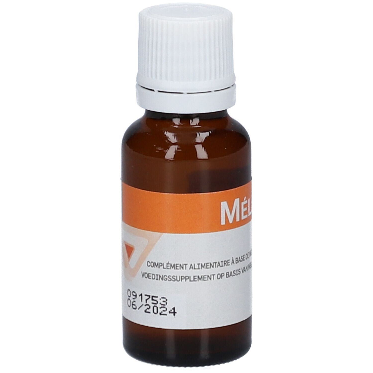 Bruine glazen fles met witte dop. Etiket met productinformatie en vervaldatum. Oranje band.