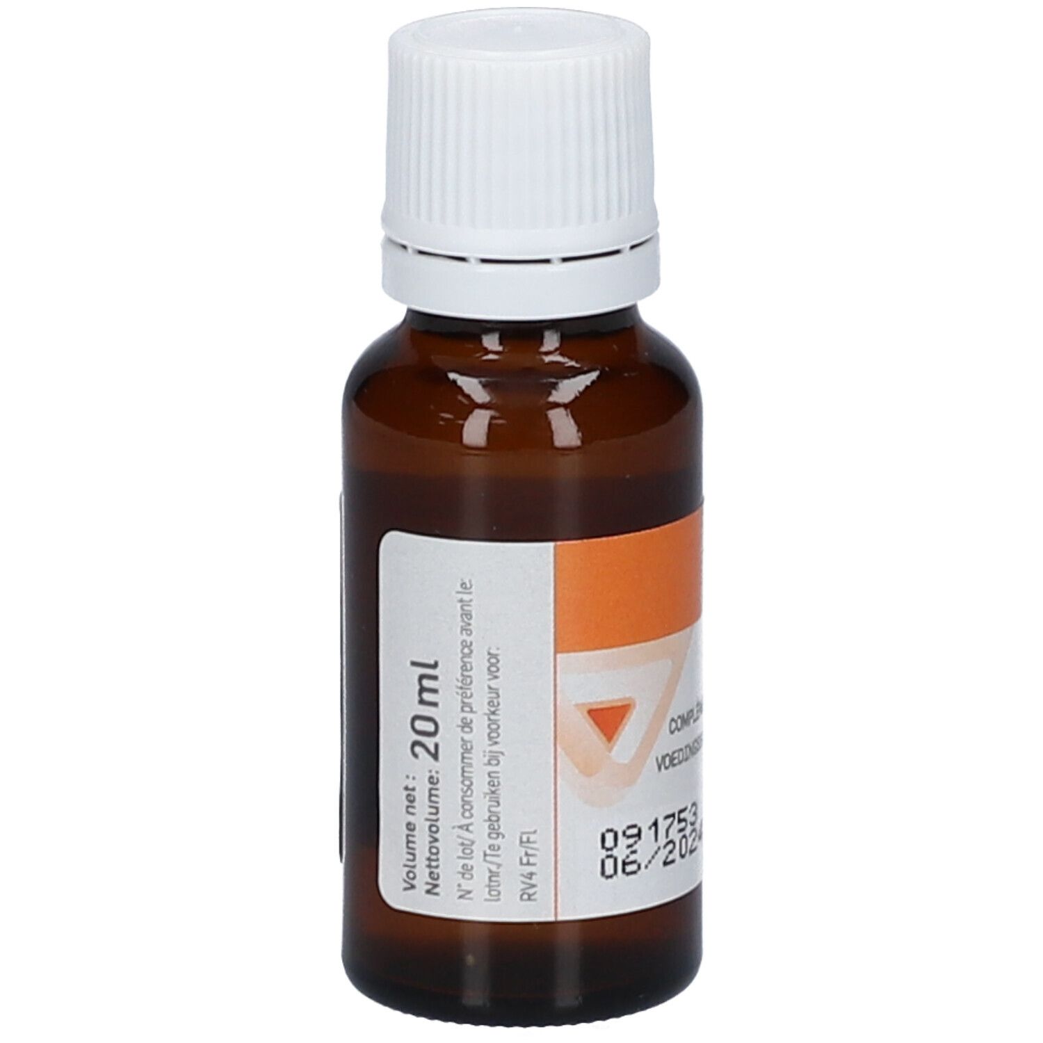 Bruine glazen fles met witte dop. Etiket met volume-aanduiding en productinformatie. Oranje band.