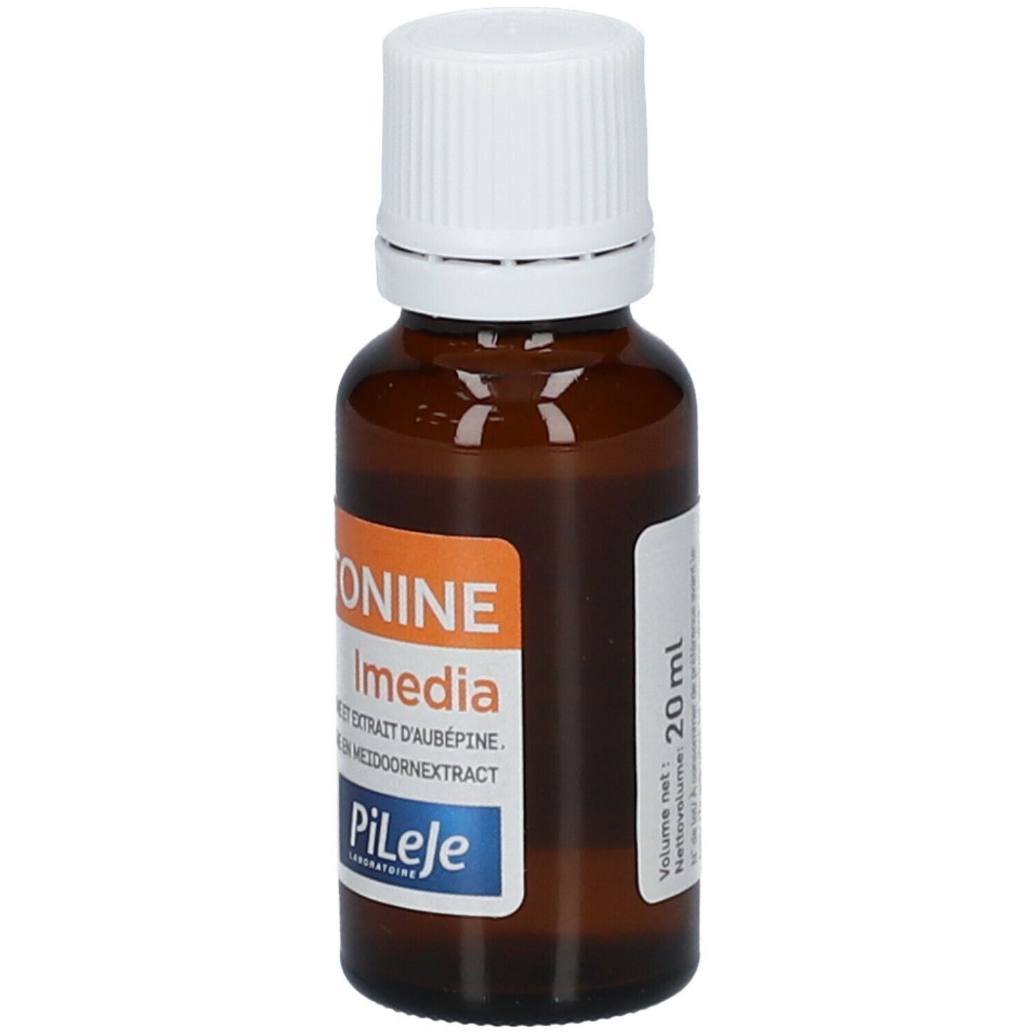 Bruine glazen fles met witte dop. Etiket met productnaam, merk en ingrediënten. Oranje band.