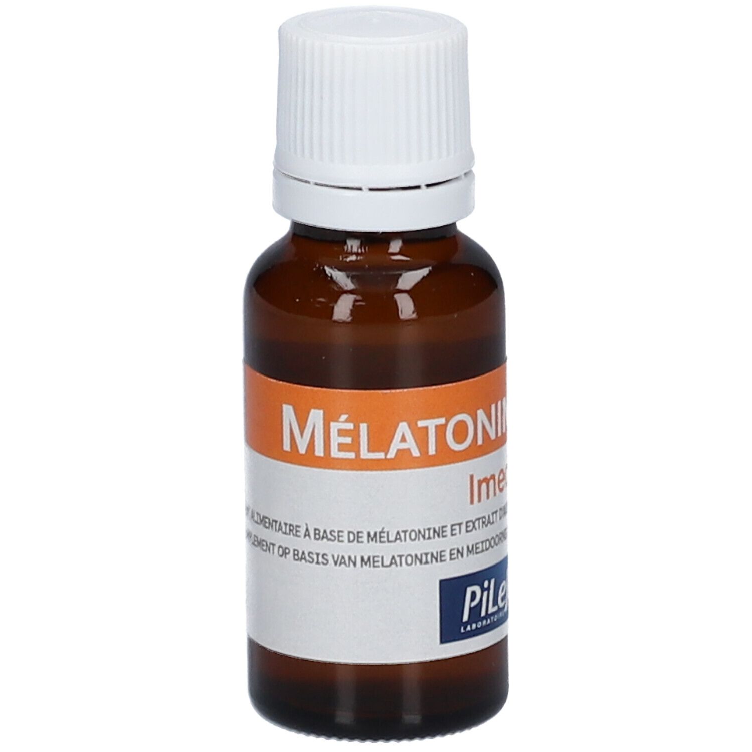 Bruine glazen fles met witte dop. Etiket met productnaam, merk en ingrediënten. Oranje band.