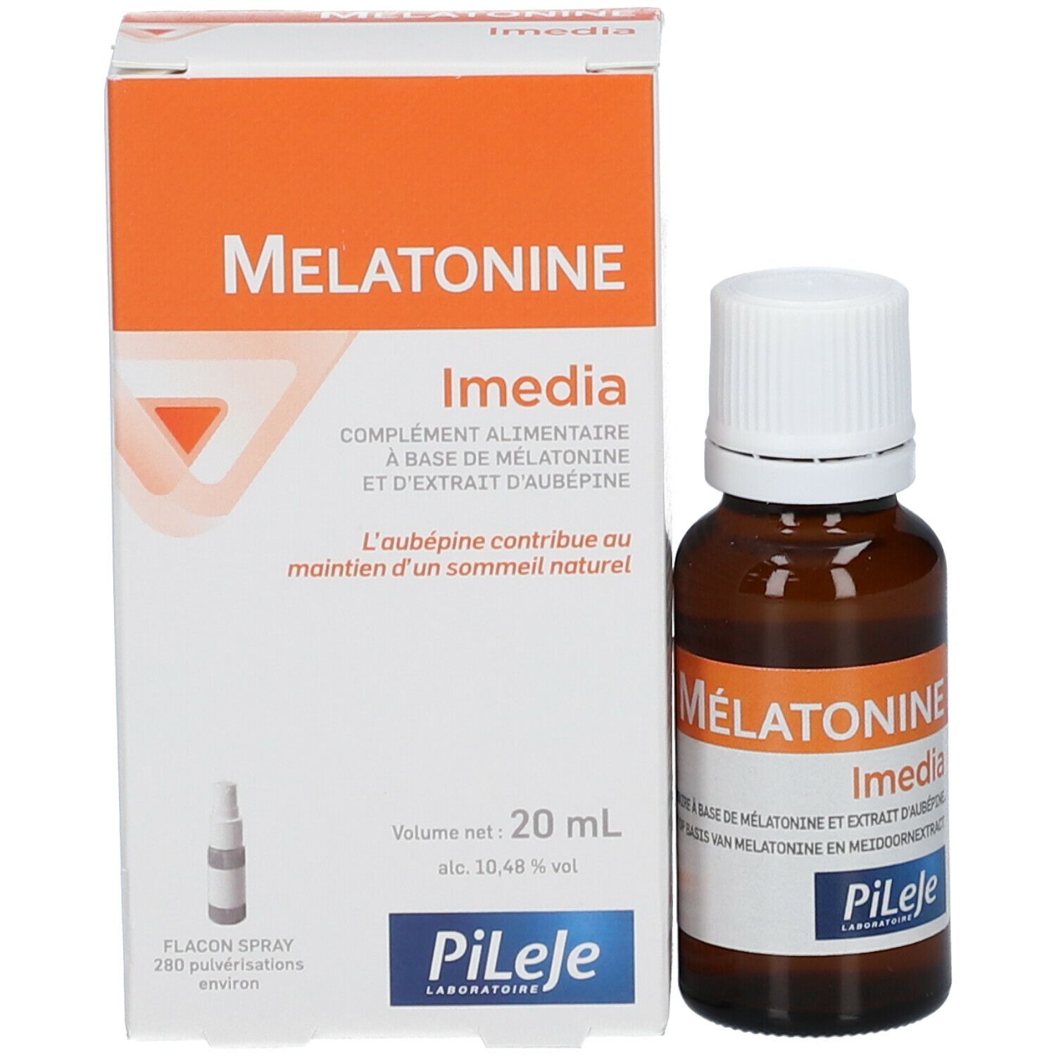 Productfles en verpakking. Bruine fles met witte dop. Doos met productnaam en merk. Sprayfles.