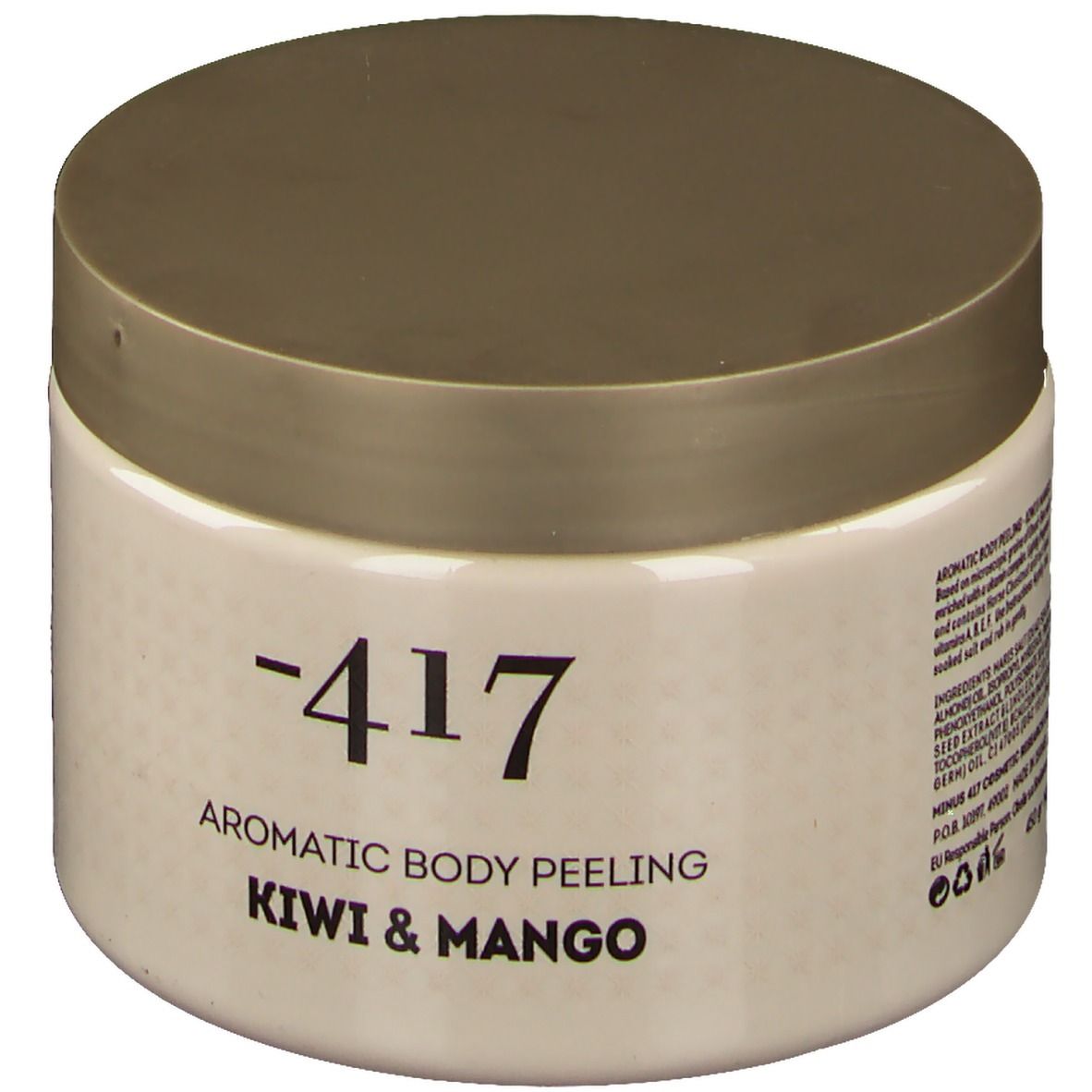 Beige pot met gouden deksel. Opschrift: -417, Aromatic Body Peeling, Kiwi & Mango.