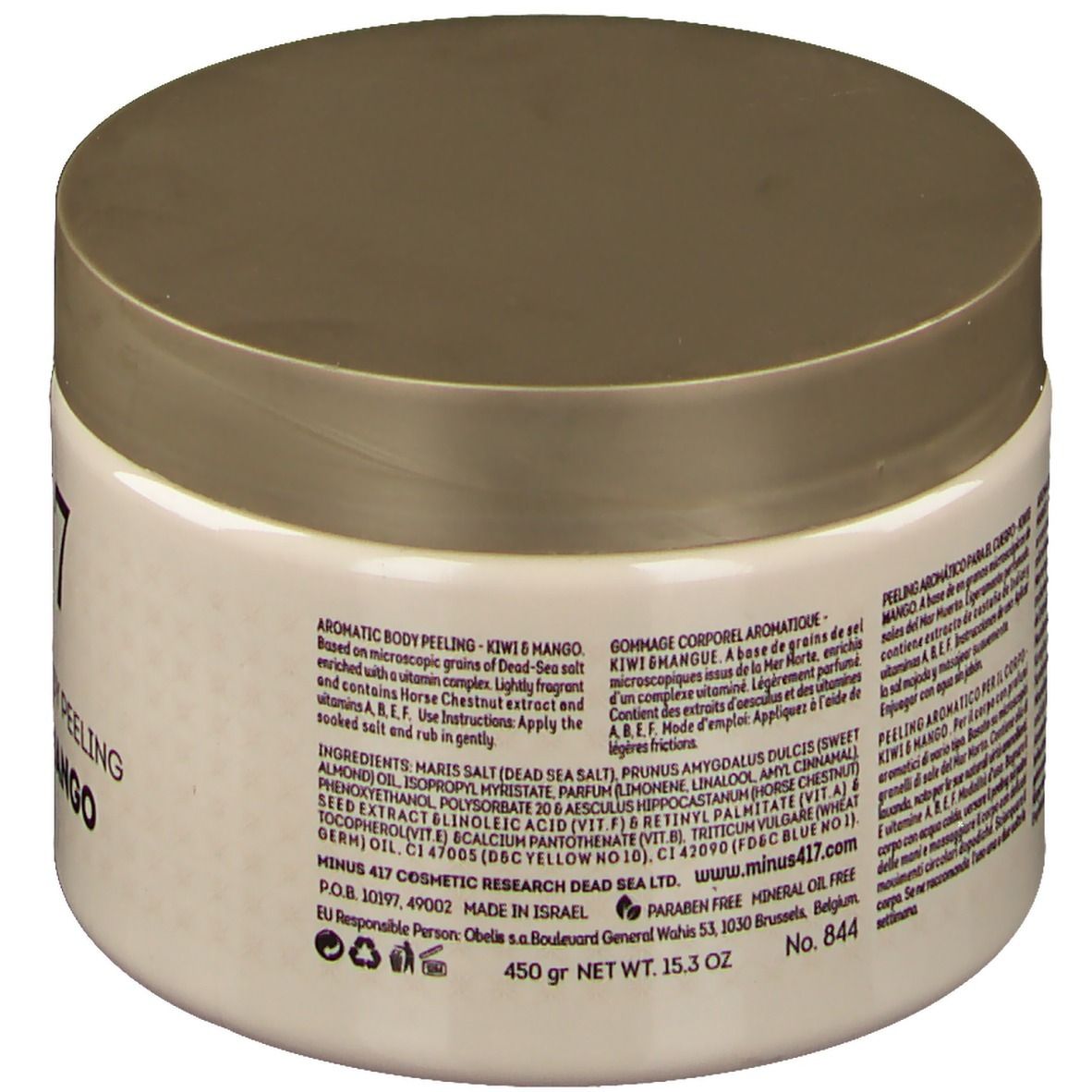 Beige pot met gouden deksel. Achterkant met tekst en ingrediënten. Opschrift: -417, Kiwi & Mango.