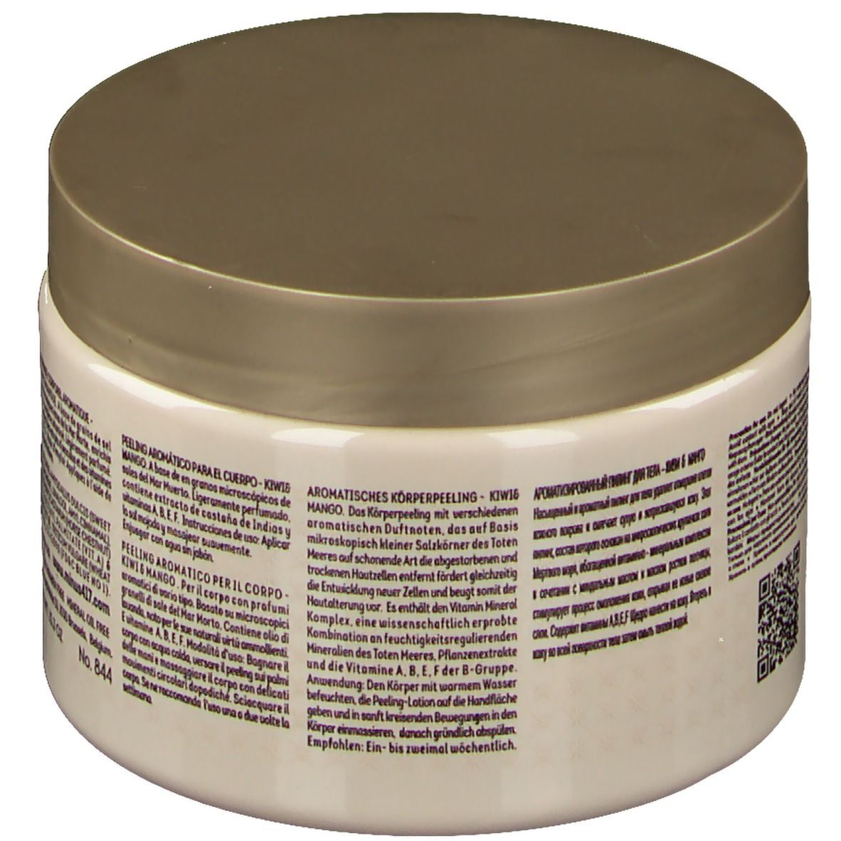 Beige pot met gouden deksel. Achterkant met tekst. Opschrift: -417, Kiwi & Mango.