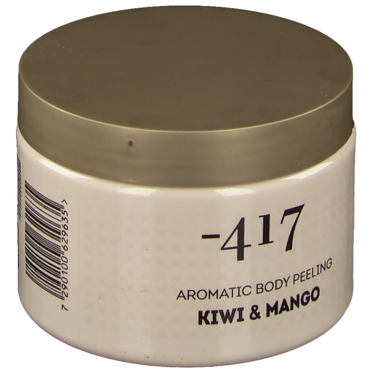 Beige pot met gouden deksel. Opschrift: -417, Aromatic Body Peeling, Kiwi & Mango. Barcode.