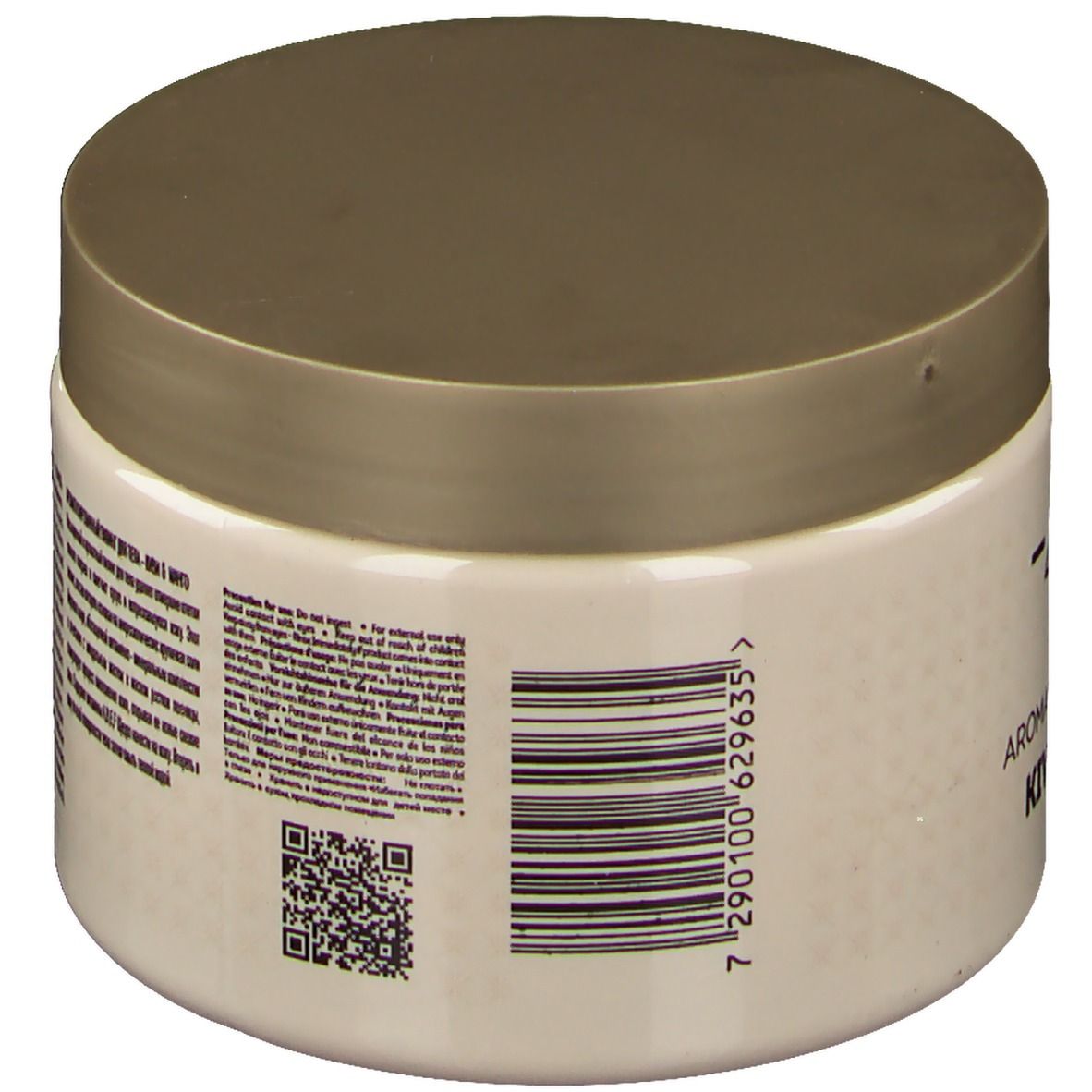 Beige pot met gouden deksel. Barcode en tekst. Opschrift: -417, Aromatic Body Peeling, Kiwi & Mango.