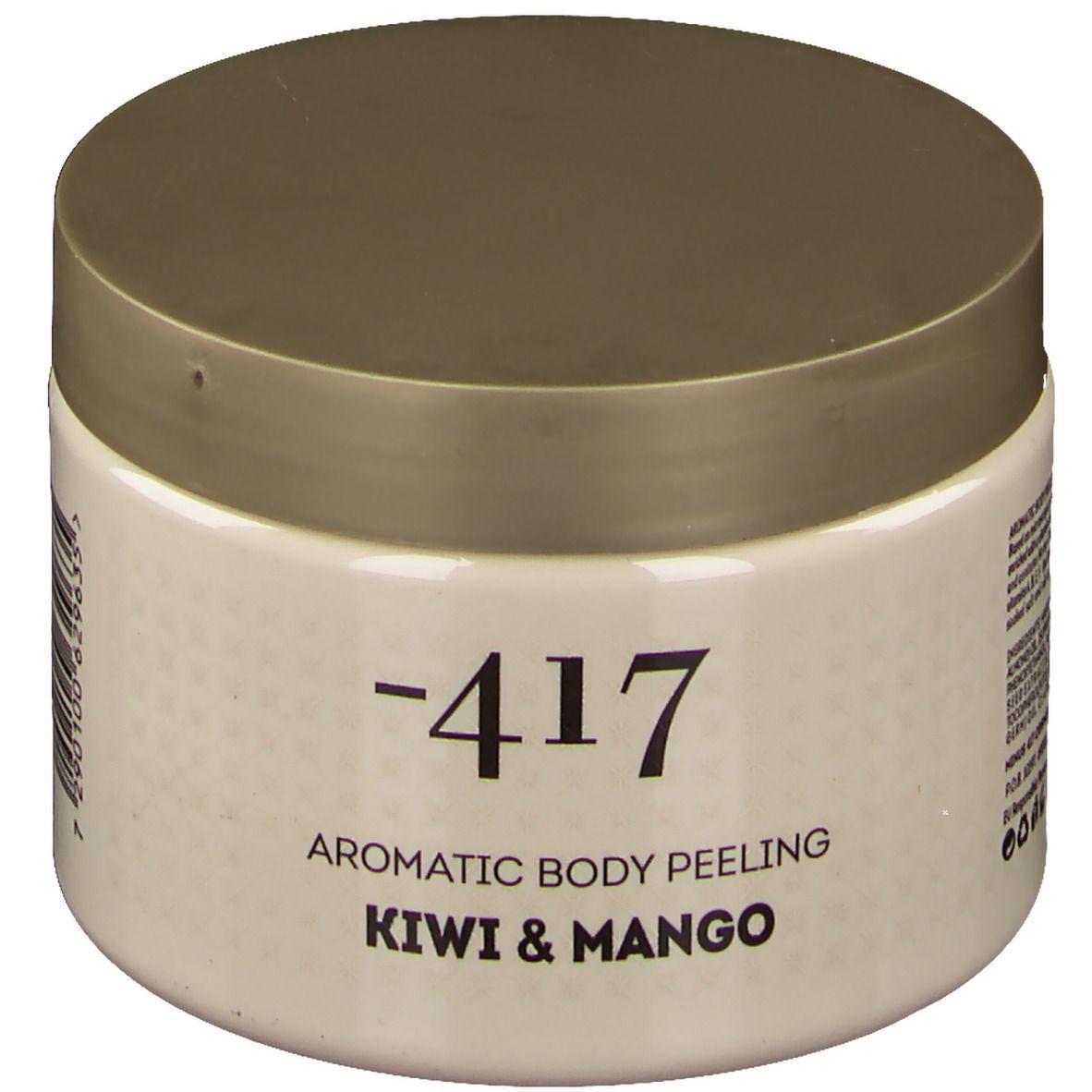 Beige pot met gouden deksel. Opschrift: -417, Aromatic Body Peeling, Kiwi & Mango.