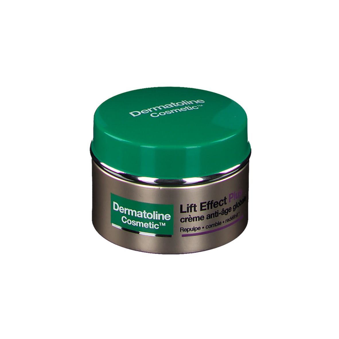 Pot de crème avec couvercle vert. "Dermatoline Cosmetic" et "Lift Effect Plus" sont visibles. Le pot est sur fond blanc.