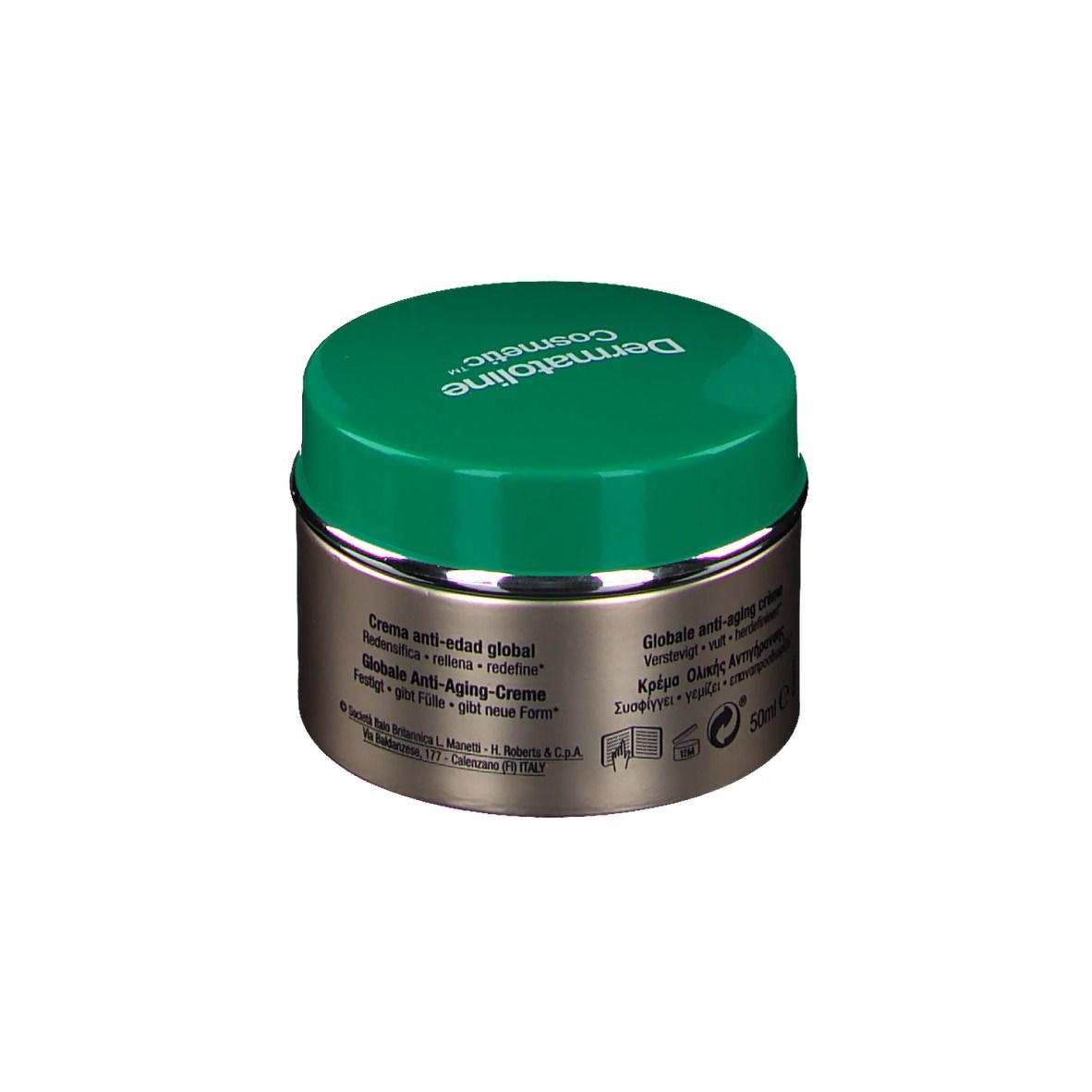 Pot de crème avec couvercle vert. "Dermatoline Cosmetic" est visible. Plusieurs langues sur l'étiquette. Inscription: "50ml".