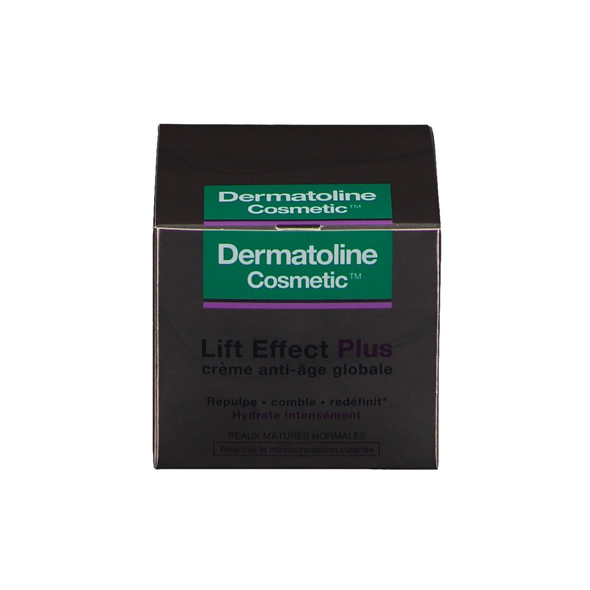 Boîte noire avec étiquette verte. "Dermatoline Cosmetic" et "Lift Effect Plus" sont visibles. Texte multilingue.