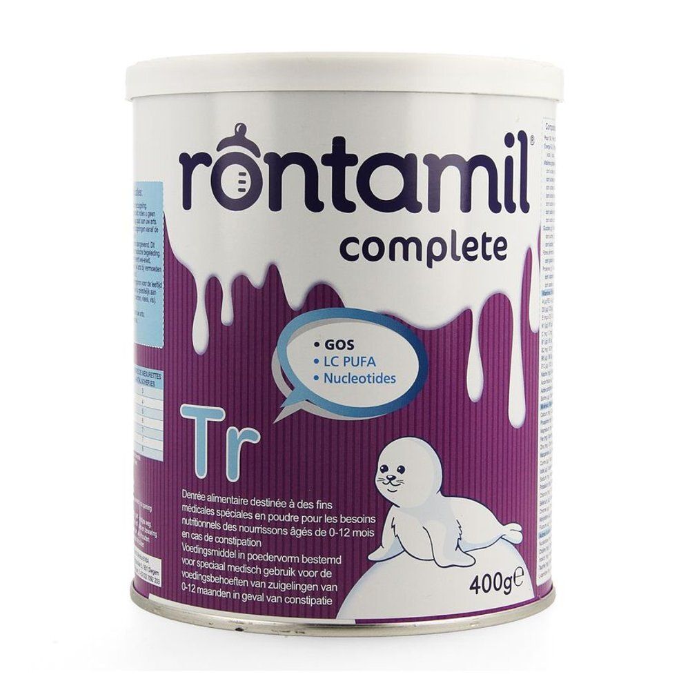 Rontamil Complete blik. Paars blik met witte deksel. Opschriften: Complete, Tr, GOS, LC PUFA, Nucleotides. 400g.