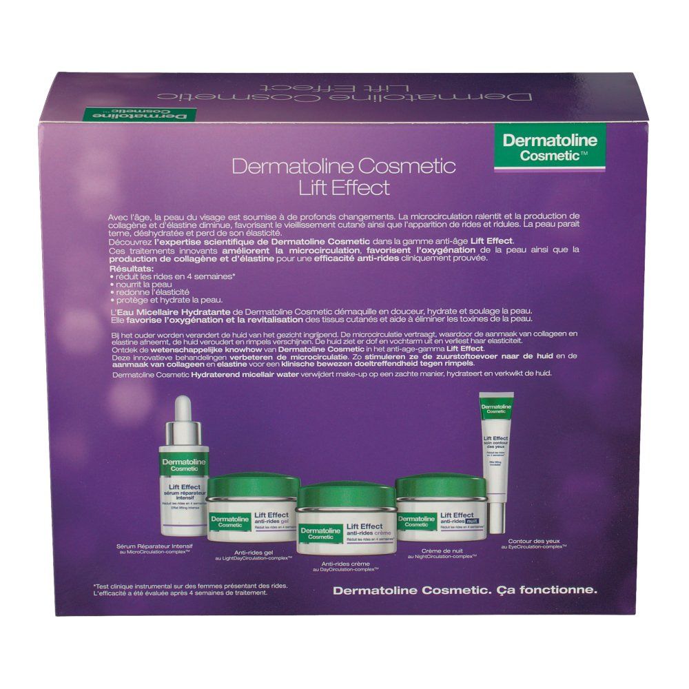 Dermatoline Cosmetic Lift Effect verpakking, achterkant. Bevat meerdere producten, naam en logo.