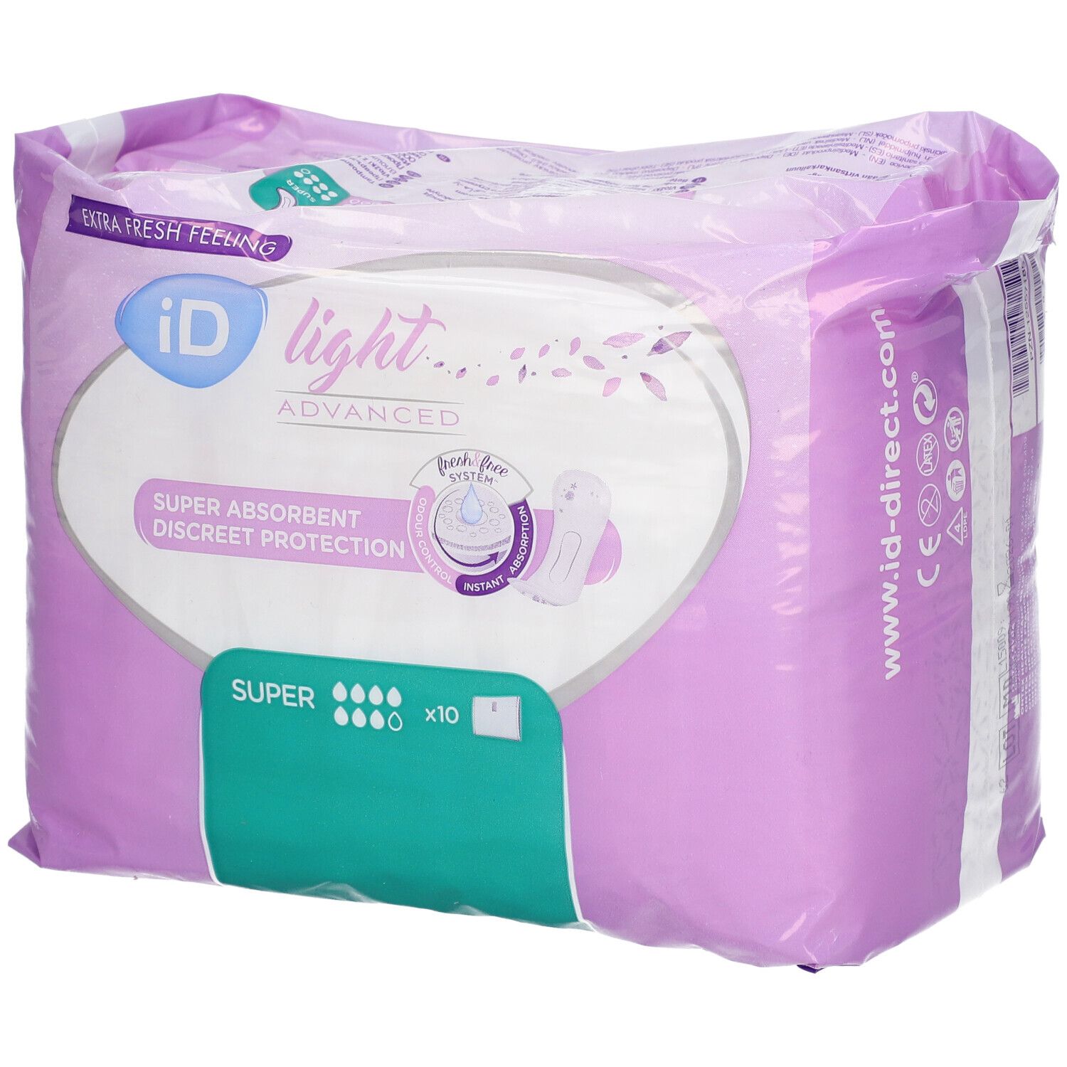 Verpakking van iD light Advanced Super. Paars-witte verpakking met logo en tekst. Toont productafbeelding en 'Super'.