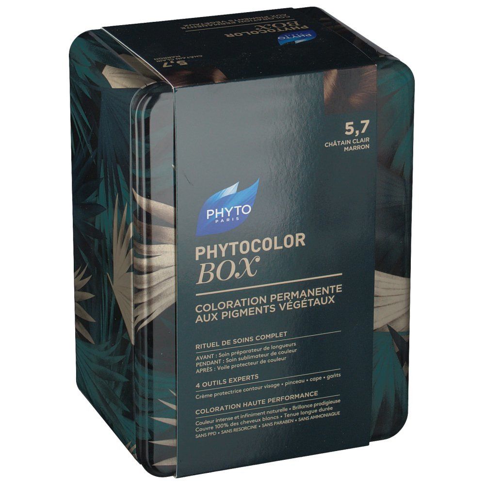 Boîte Phyto Phytocolor. Motif floral vert. Texte: 5,7 Châtain Clair Marron. Logo Phyto Paris. Contient 4 outils experts. Coloration permanente.