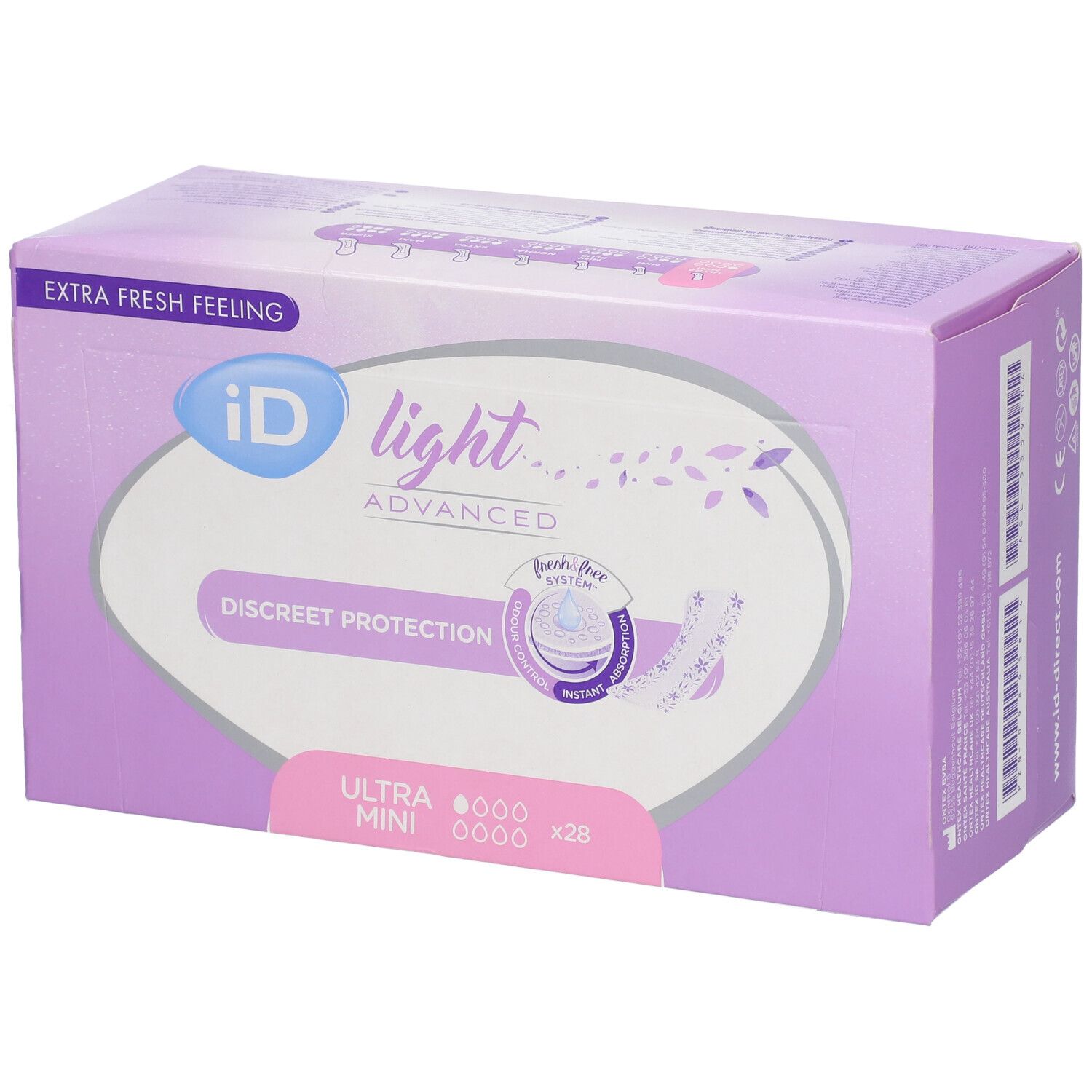 Boîte iD Light Ultra Mini Advanced. Carton violet avec nom et logo du produit. Contient 28 unités.