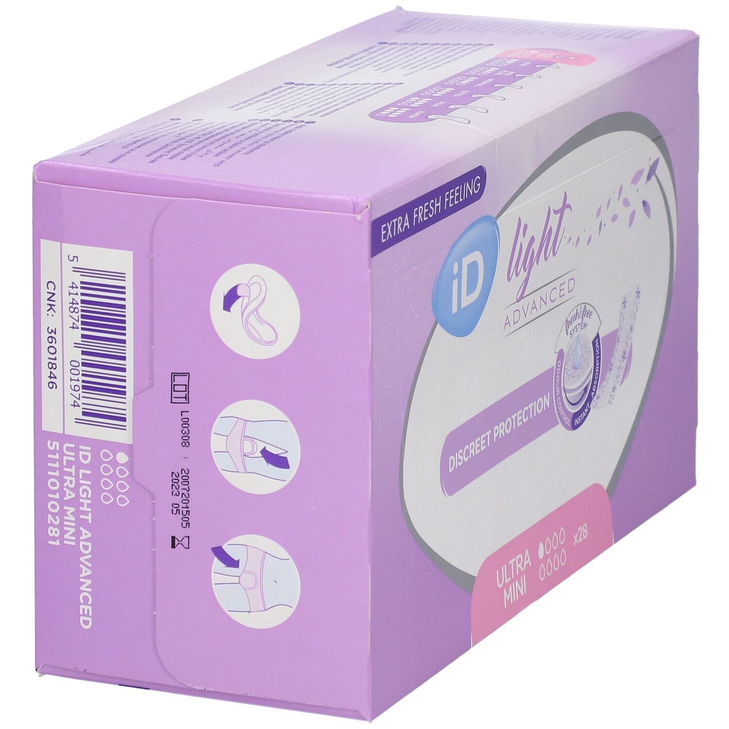 Vue latérale de la boîte iD Light Ultra Mini Advanced. Carton violet avec informations produit et code-barres.
