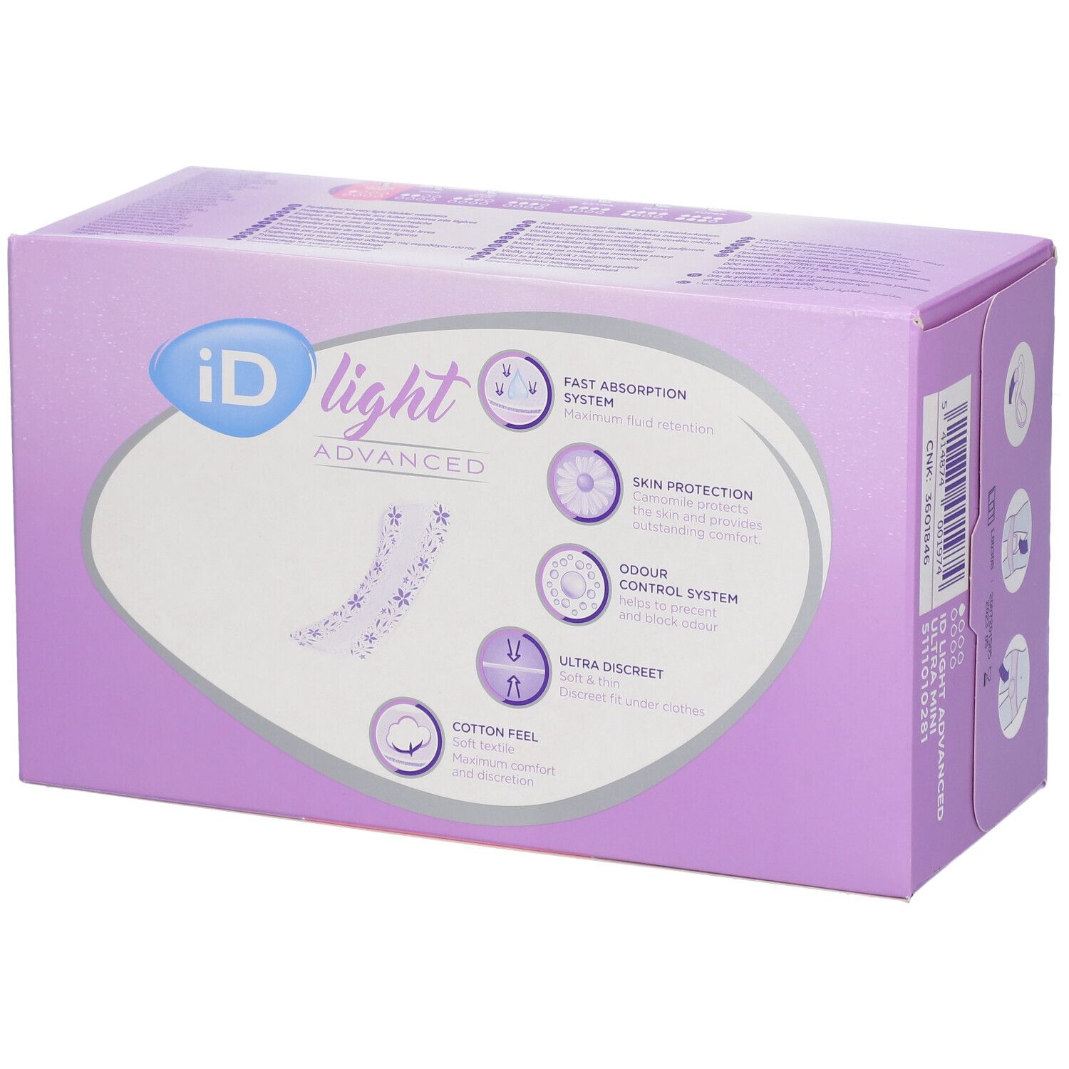 Boîte iD Light Ultra Mini Advanced. Carton violet avec logo du produit et description des caractéristiques.