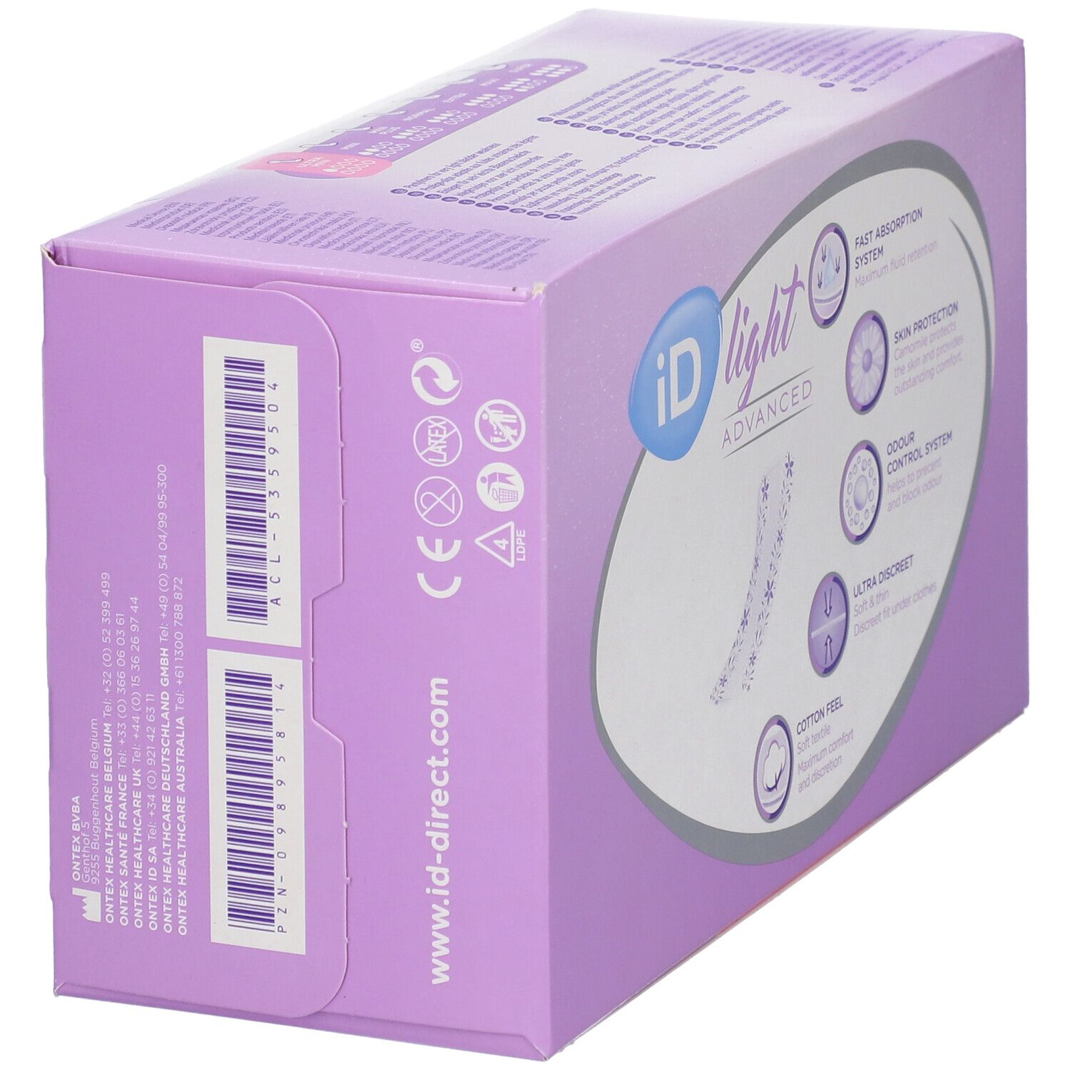 Vue latérale de la boîte iD Light Ultra Mini Advanced. Carton violet avec informations produit et codes-barres.