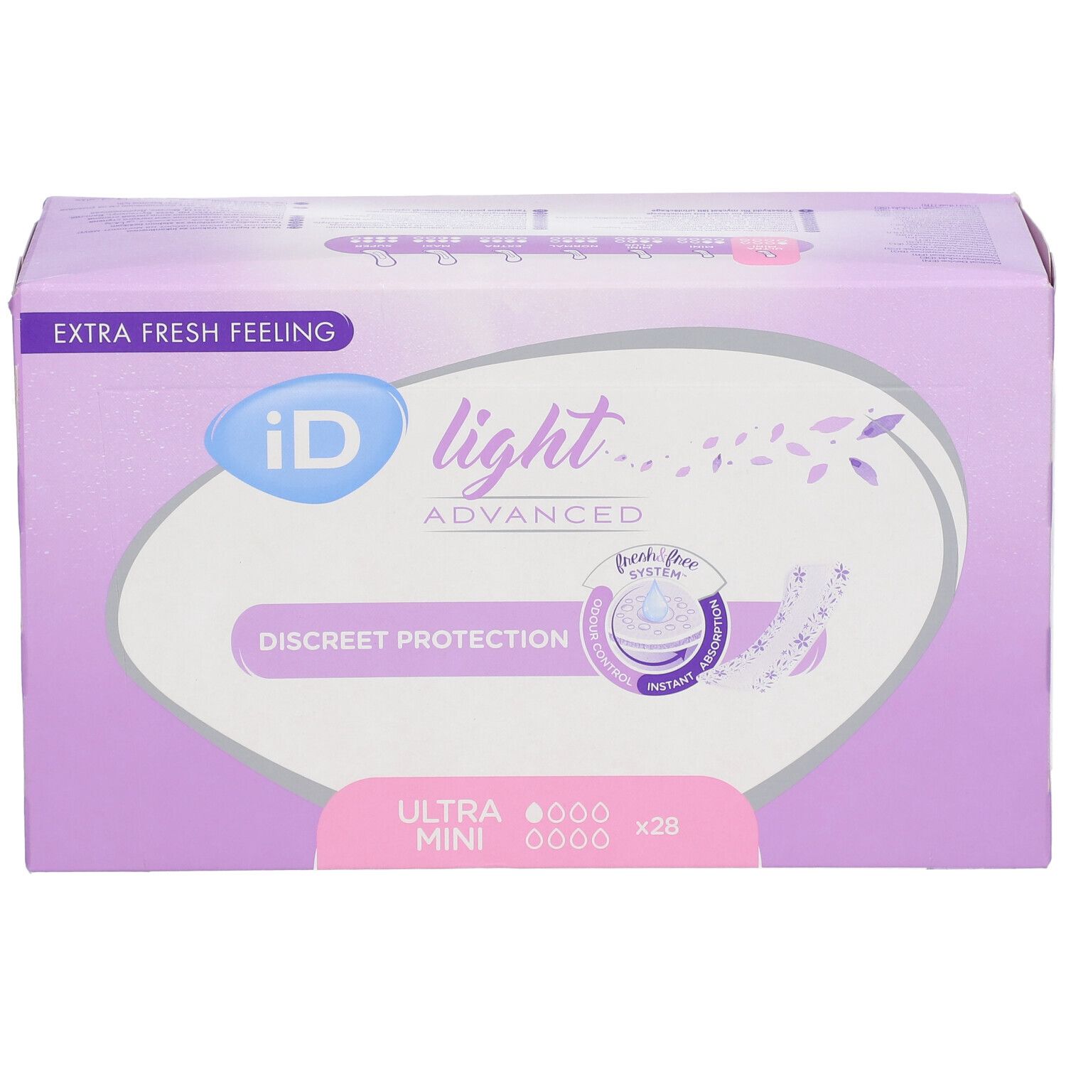 Boîte iD Light Ultra Mini Advanced. Carton violet avec logo et nom du produit. Contient 28 unités.