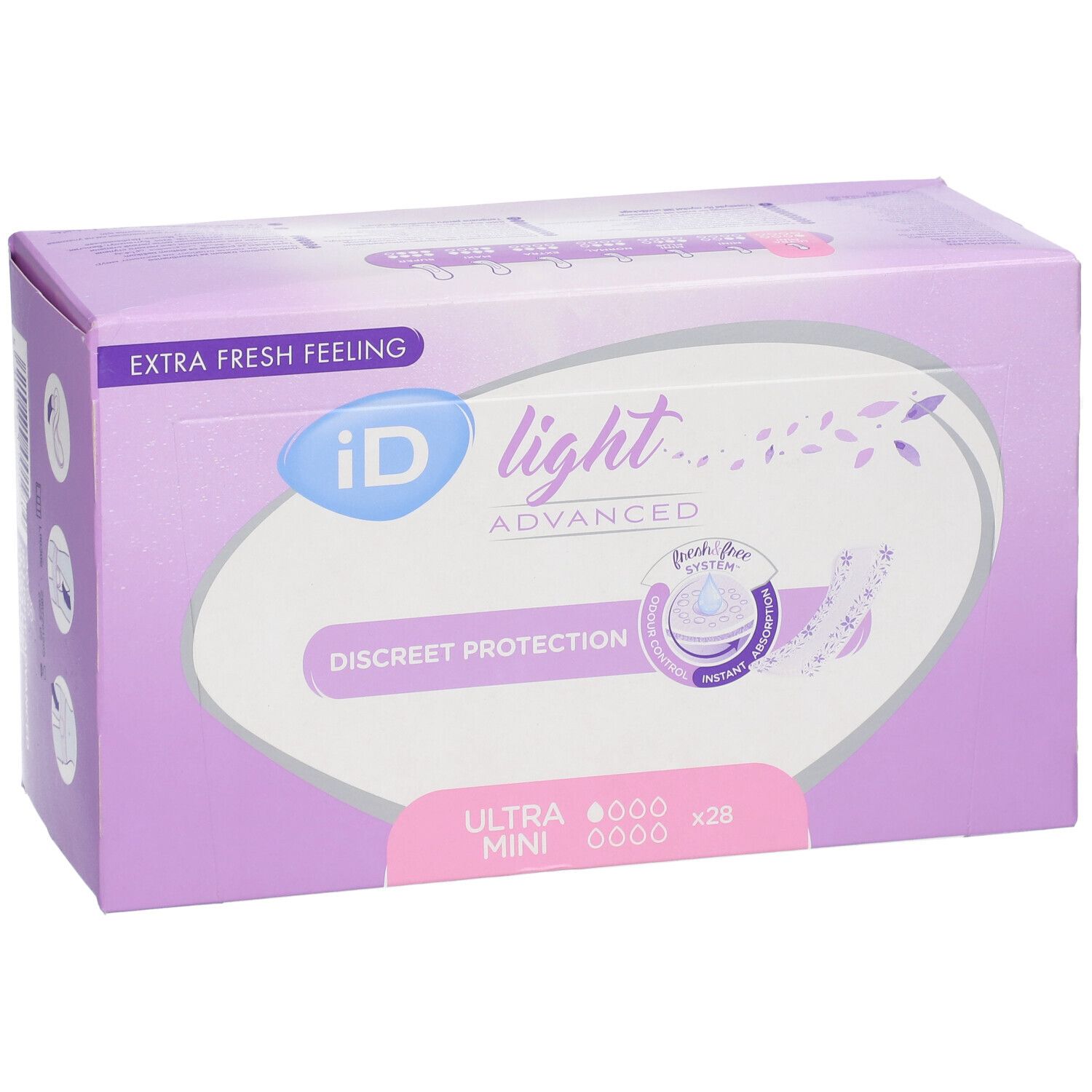 Boîte iD Light Ultra Mini Advanced. Carton violet avec logo et nom du produit. Contient 28 unités.