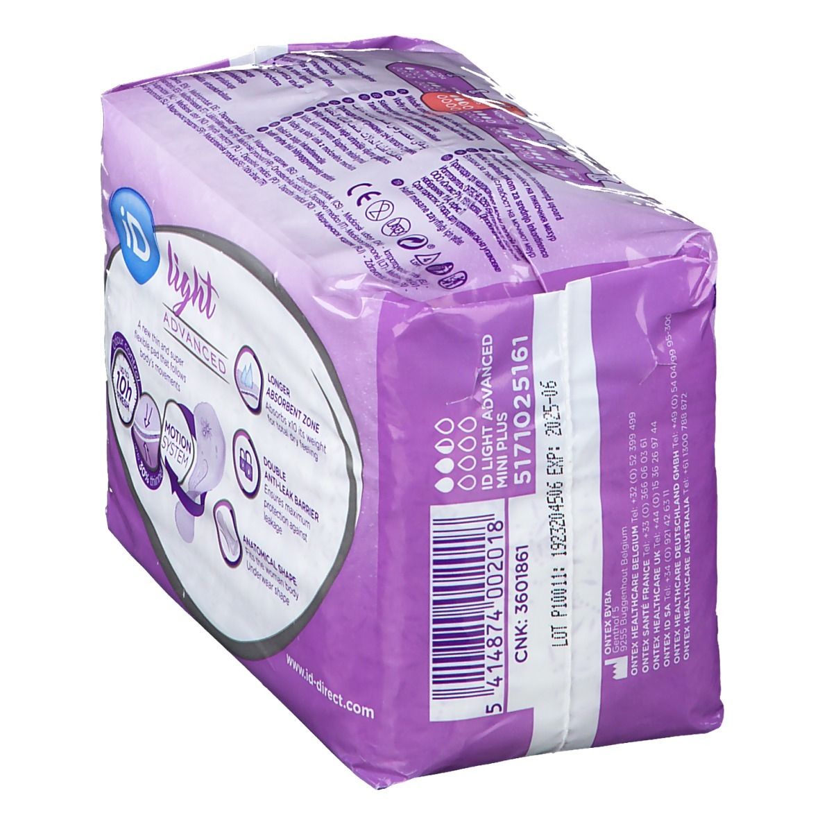 Zijkant iD Light Advanced verpakking. Productinfo, barcode, lotnummer. Mini Plus, 5171025161.