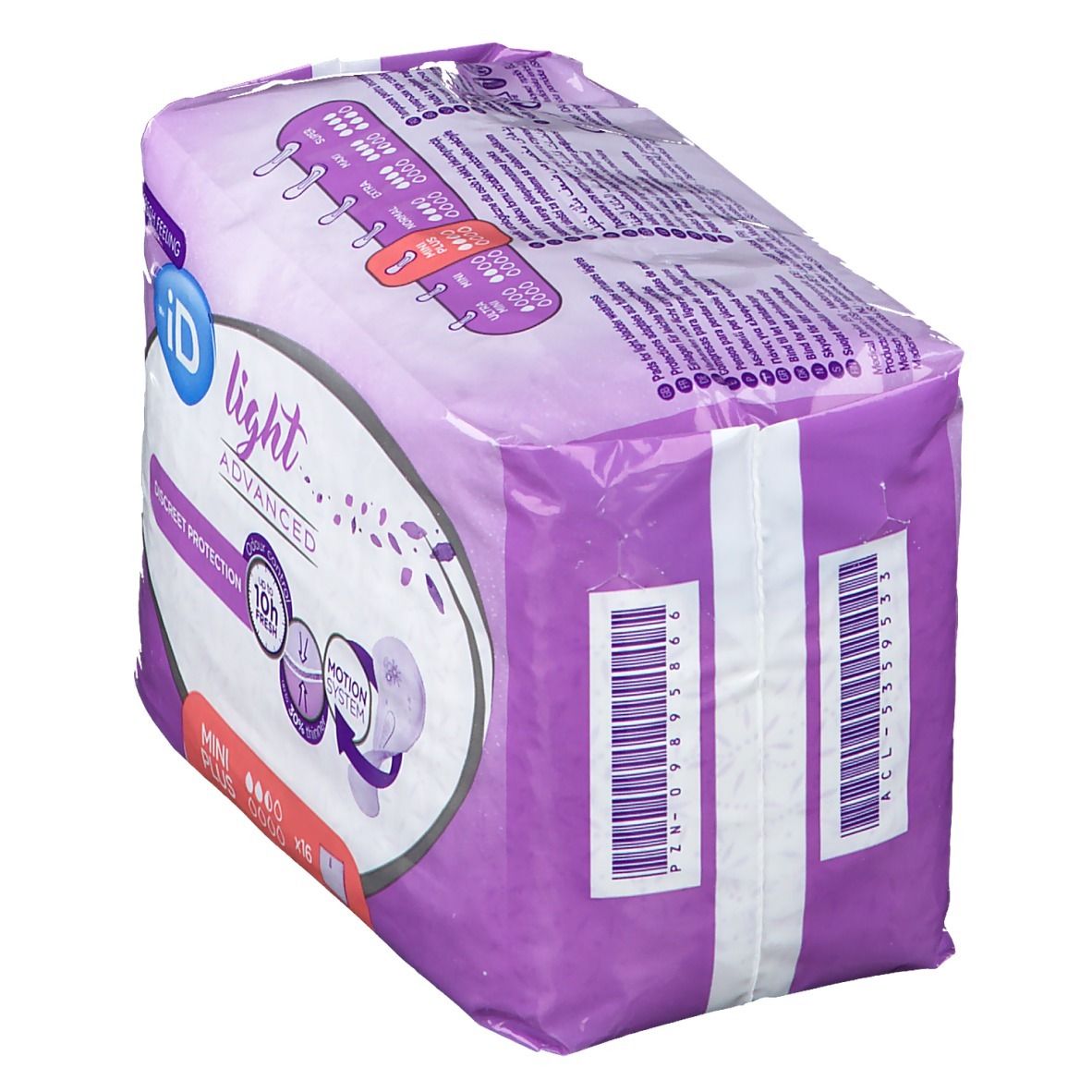 Zijkant iD Light Advanced verpakking. Productinfo, barcode. Mini Plus, discrete bescherming.