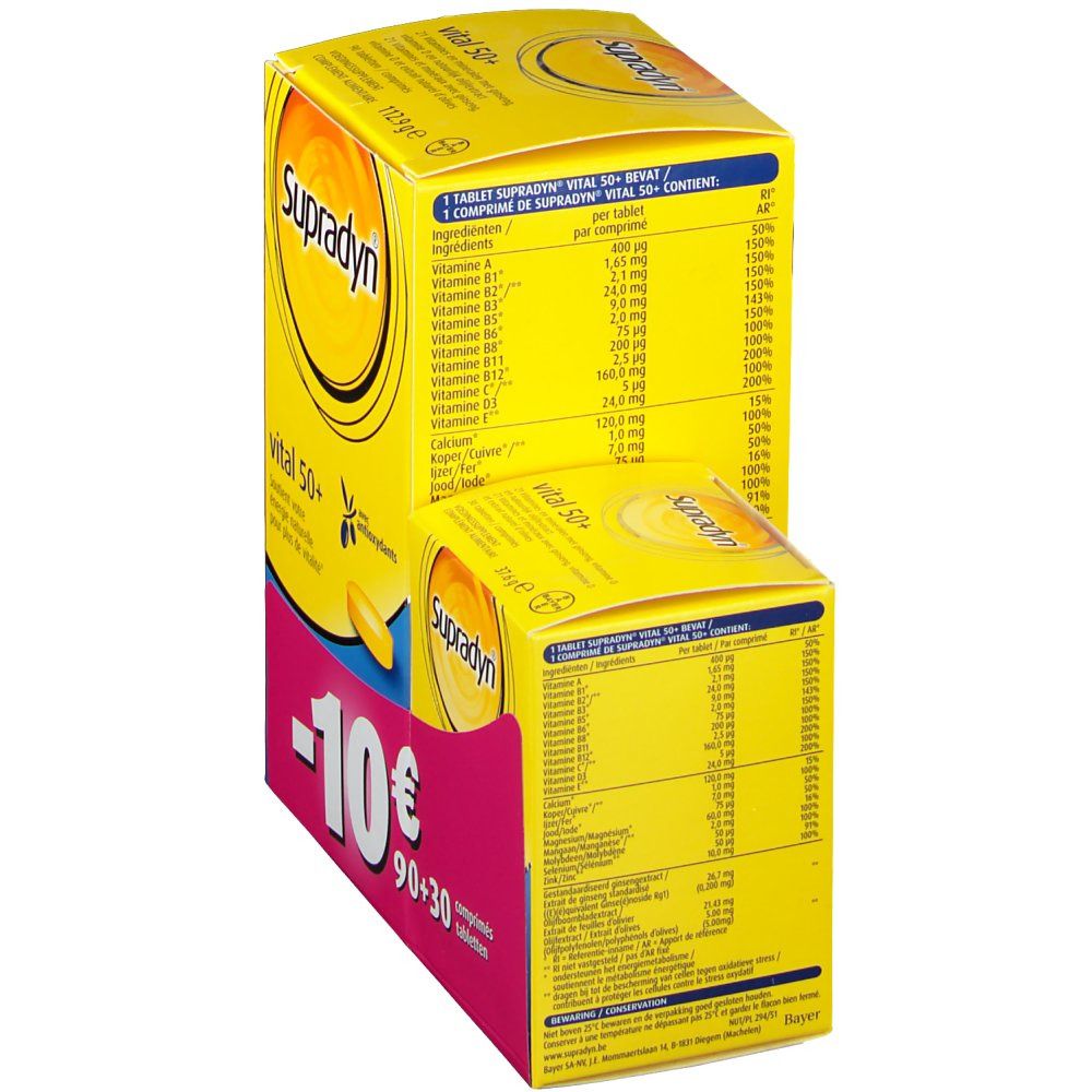 Deux boîtes jaunes Supradyn Vital 50+ avec liste de vitamines et minéraux. Une boîte est plus grande.