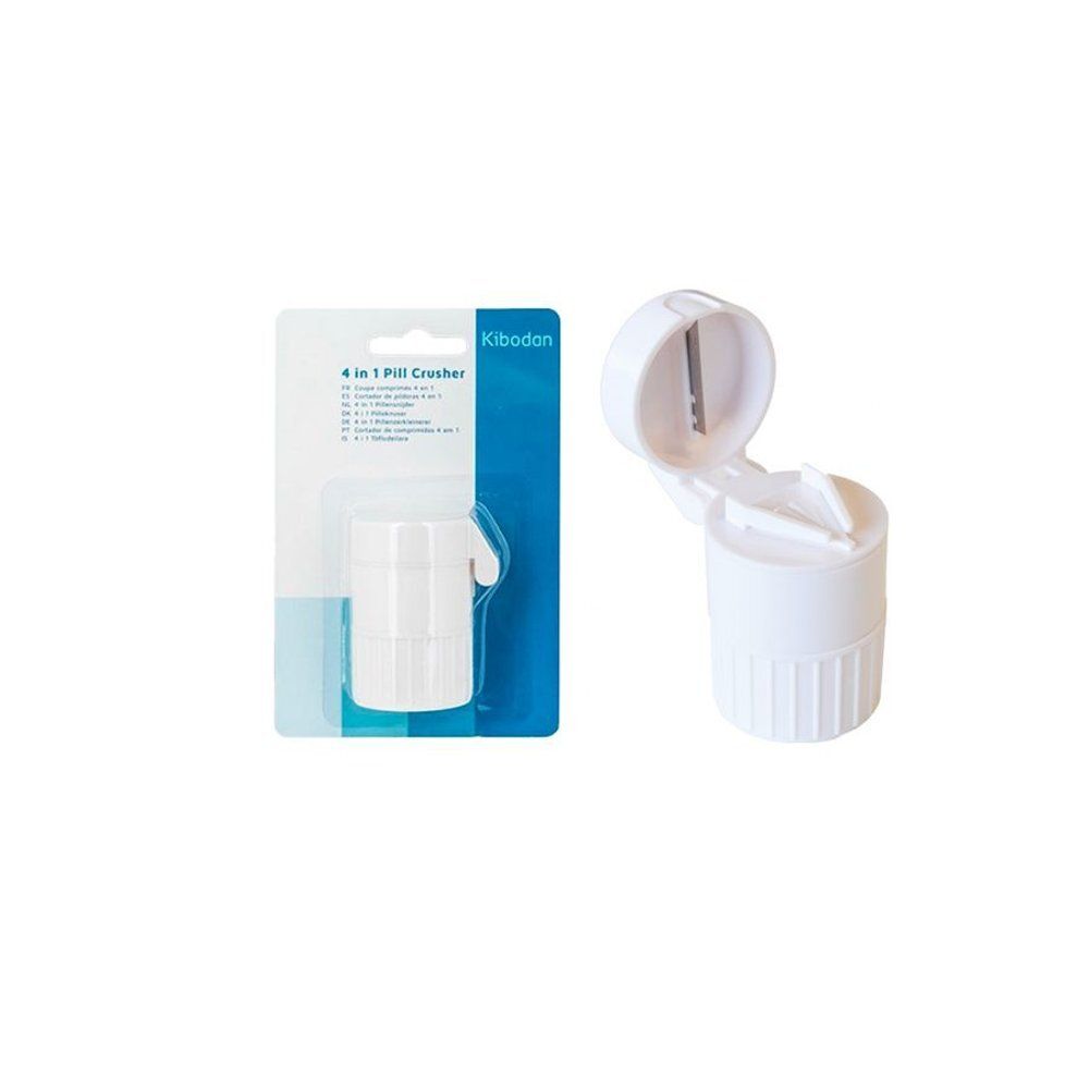 Witte pillenmaler in verpakking en een aparte, geopende maler met zichtbaar mes.