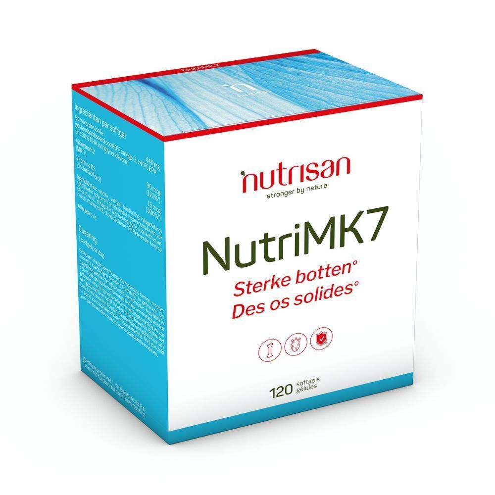 Nutrisan NutriMK7 doos. 120 softgels. Bevat Vitamine K2, D3. Versterkt botten. Blauw en witte verpakking.