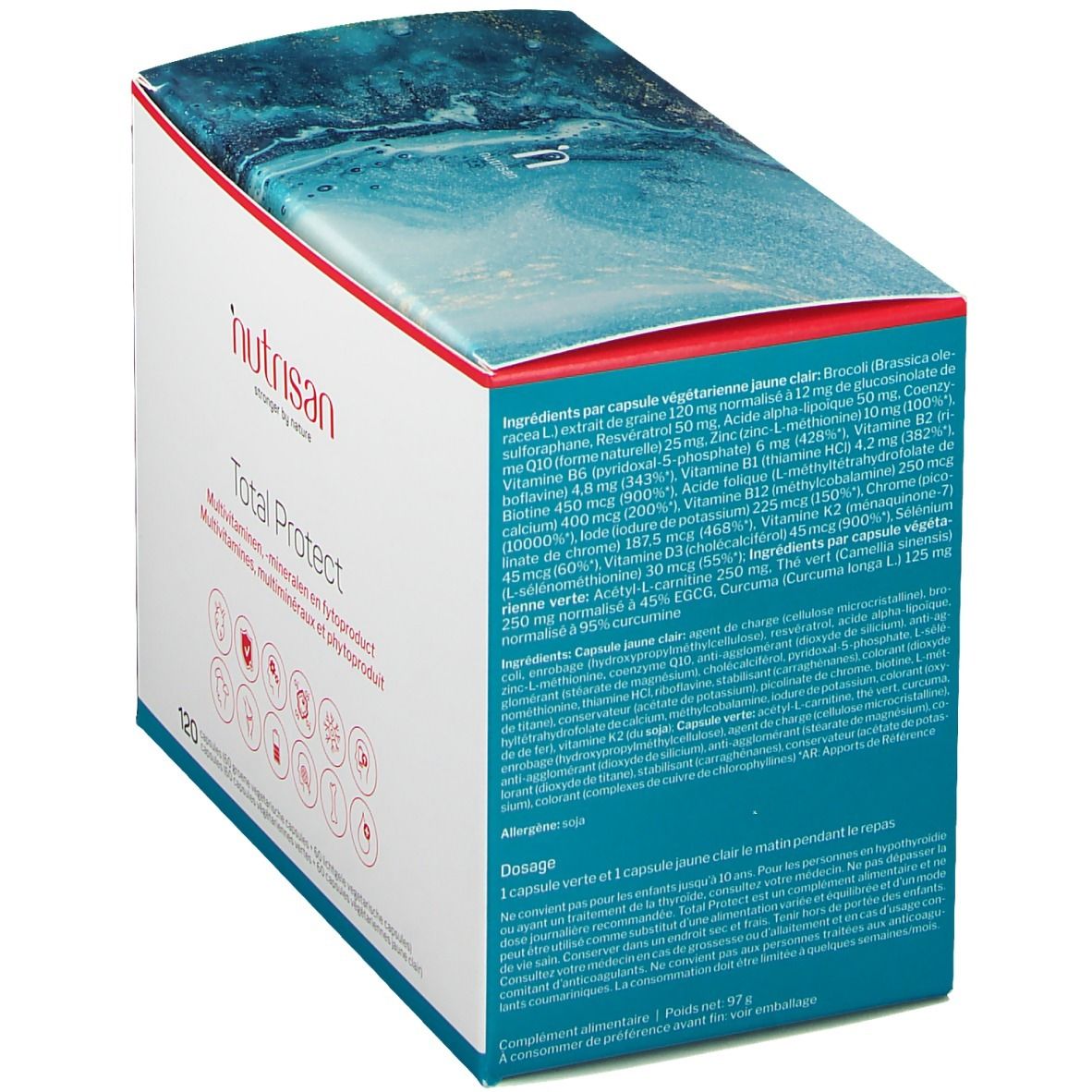 Doosje "Nutrisan Total Protect" capsules. Blauw-witte verpakking met productinformatie en ingrediënten.