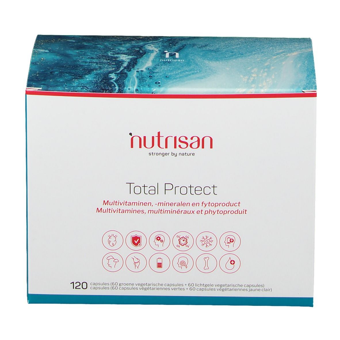 Witte doos met "Nutrisan Total Protect". Productnaam en logo's op de voorkant. 120 capsules.