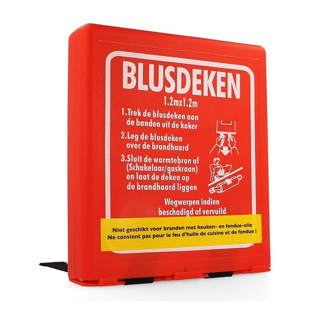 Rode doos met tekst BLUSDEKEN, 1,2mx1,2m. Bevat instructies en waarschuwingen. Niet geschikt voor keuken- en fondue-olie.