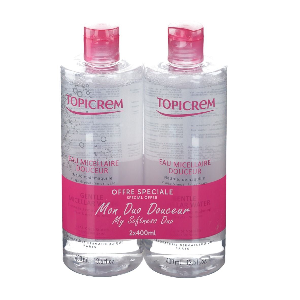 Twee flessen micellair water, roze etiket, TOPICREM-logo. "Mon Duo Douceur"-verpakking.