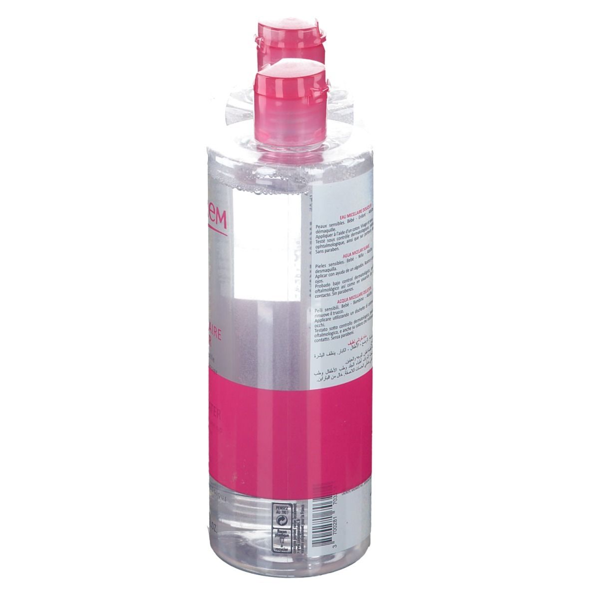 Twee flessen micellair water, roze etiket, TOPICREM-logo. Achteraanzicht, transparante flessen.