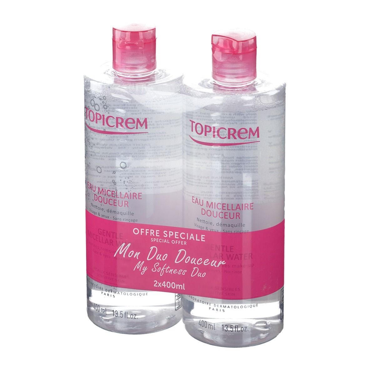 Twee flessen micellair water, roze etiket, TOPICREM-logo. "Mon Duo Douceur"-verpakking.