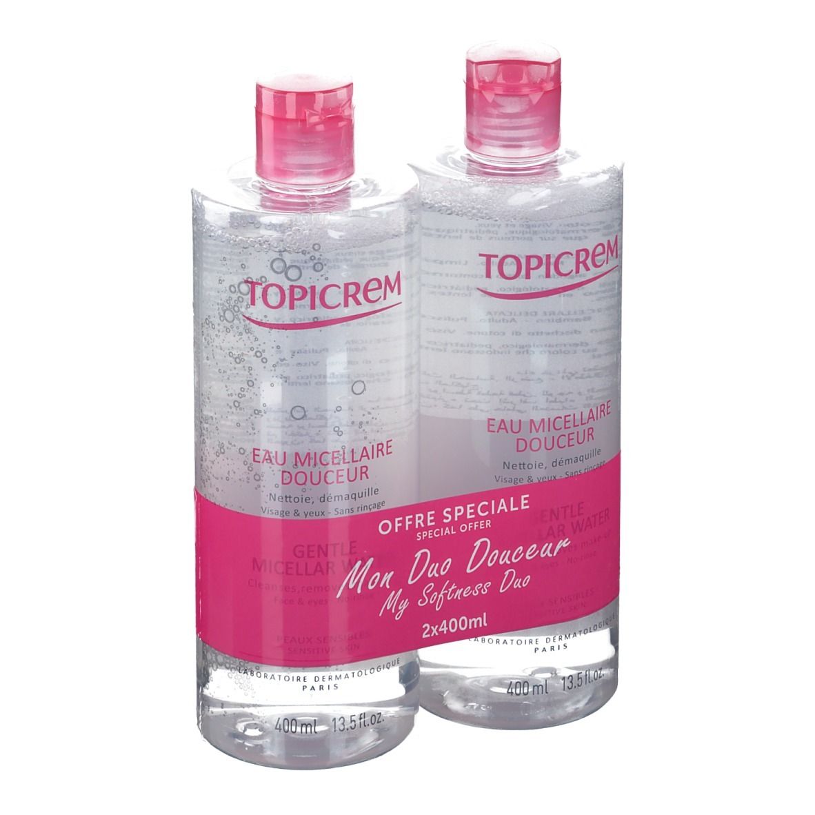 Twee flessen micellair water, roze etiket, TOPICREM-logo. "Mon Duo Douceur"-verpakking.