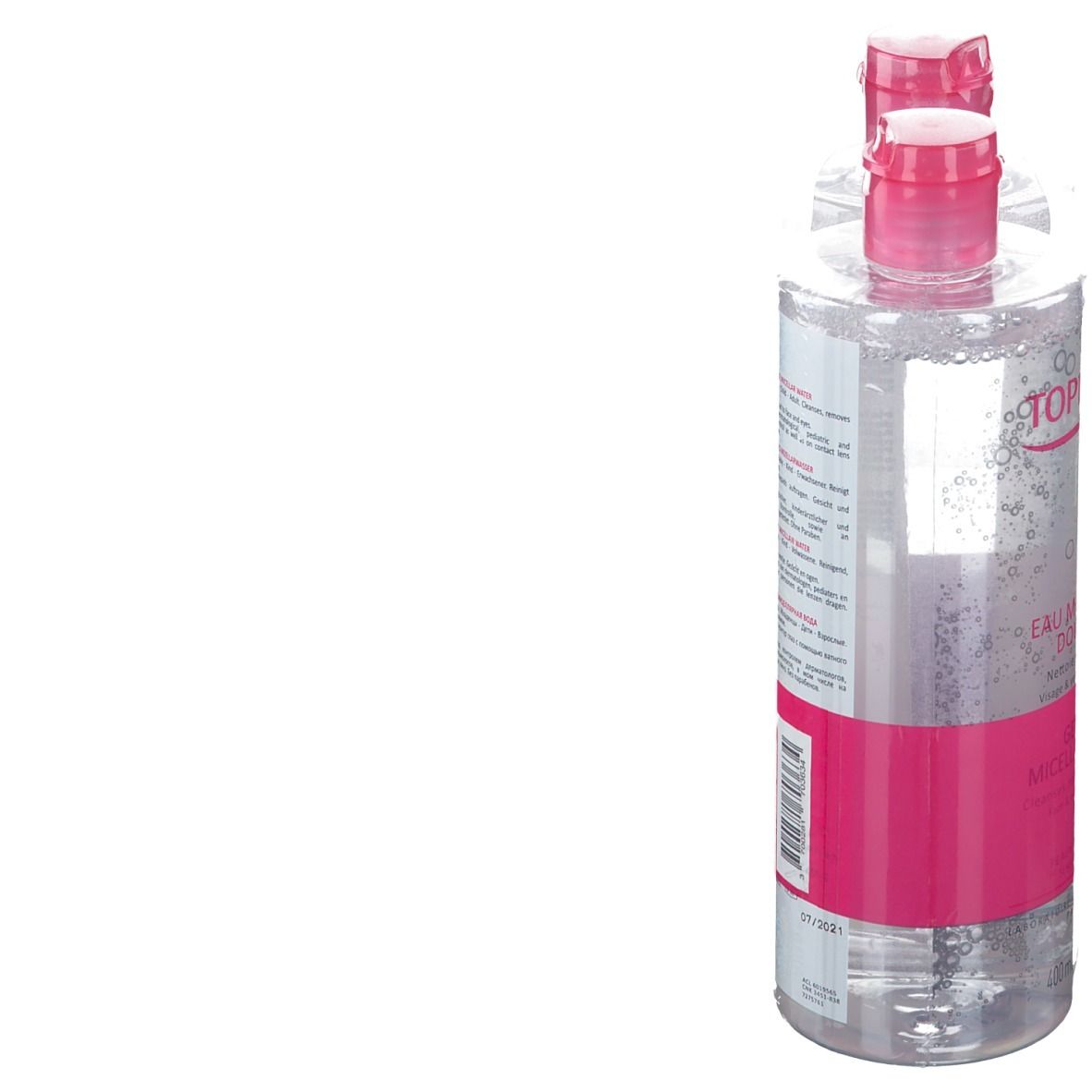 Twee flessen micellair water, roze etiket, TOPICREM-logo. Achteraanzicht, transparante flessen.