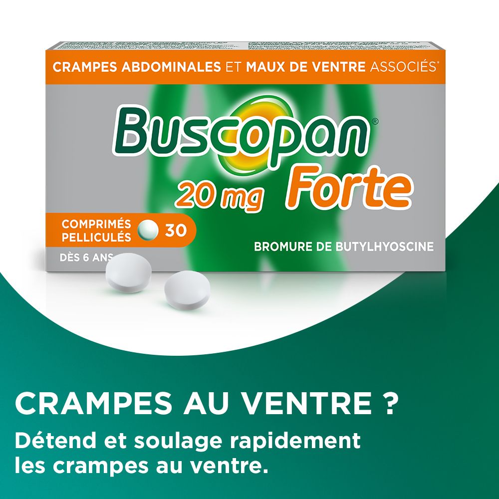 Buscopan Forte 20 mg, 30 comprimés. Texte: Crampes au ventre ? Détend et soulage rapidement.