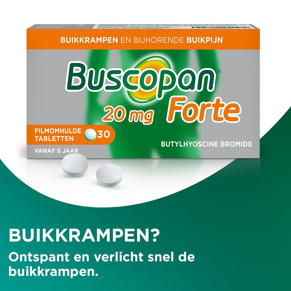 Buscopan Forte 20 mg, 30 tabletten. Tekst: Buikkrampen? Ontspant en verlicht snel.