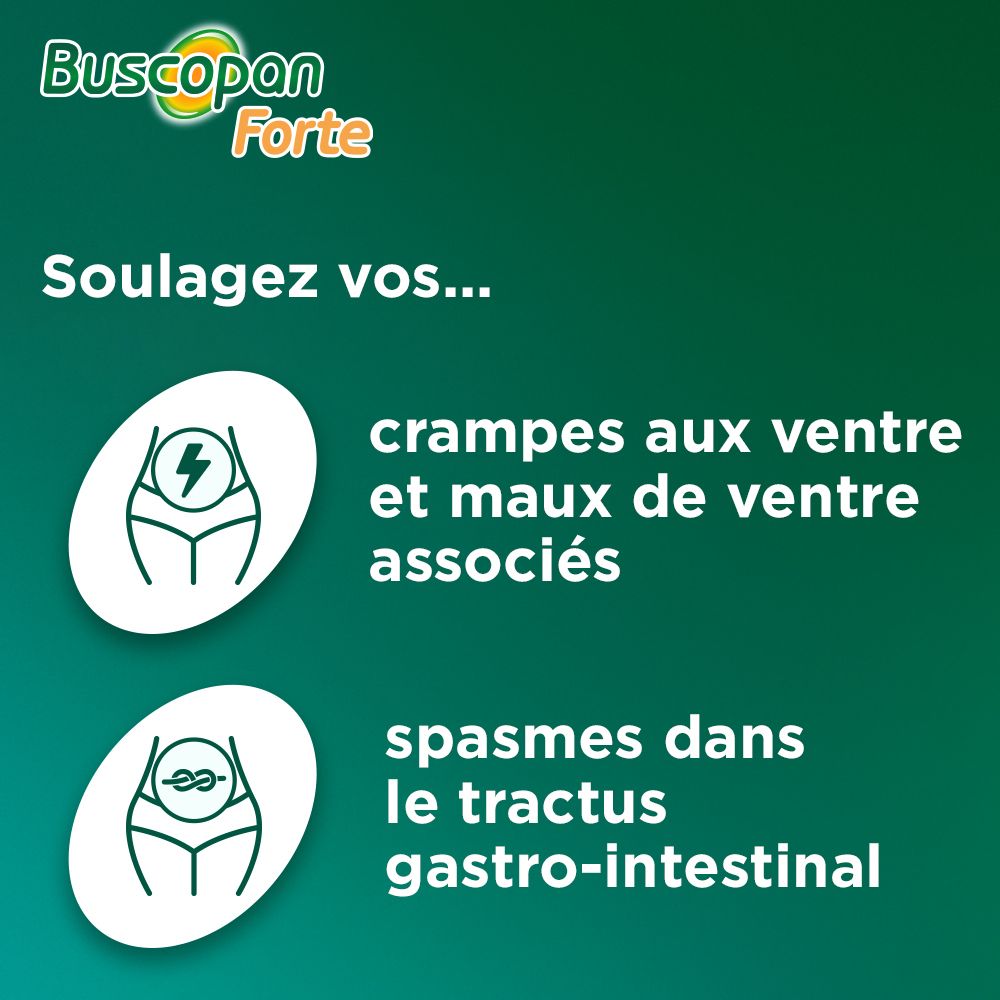 Buscopan Forte. Graphique: crampes et maux de ventre associés. Spasmes dans le tractus gastro-intestinal.