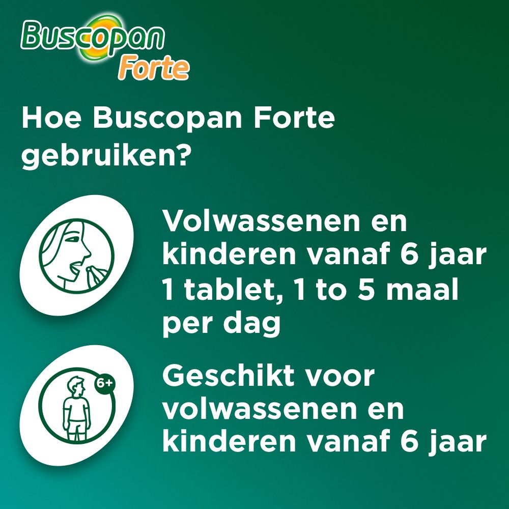 Buscopan Forte. Grafiek: dosering. Volwassenen en kinderen vanaf 6 jaar. 1 tablet, 1 tot 5 maal per dag.