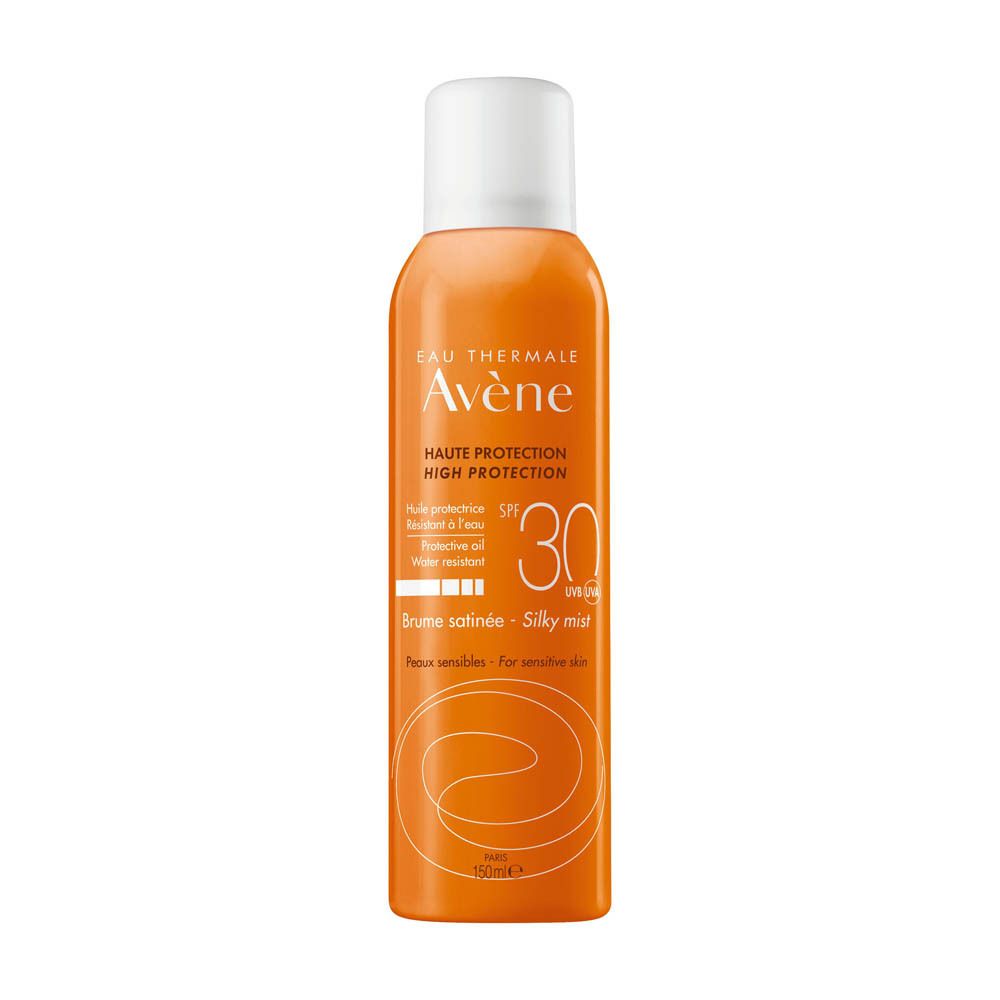Spray solaire Avene. Flacon orange avec bouchon blanc. SPF 30. Texte en allemand.