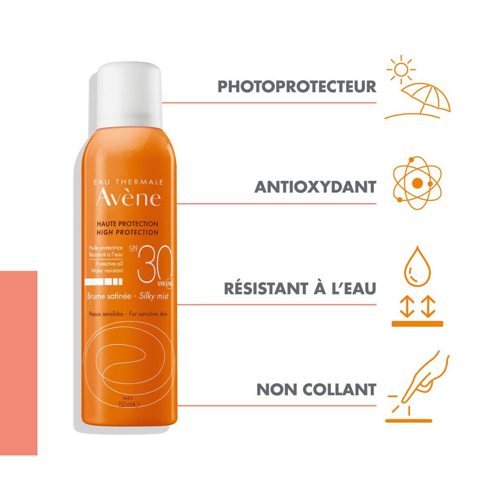 Spray solaire Avene. Diagramme avec symboles. Protection solaire, antioxydant, résistant à l'eau, non collant.