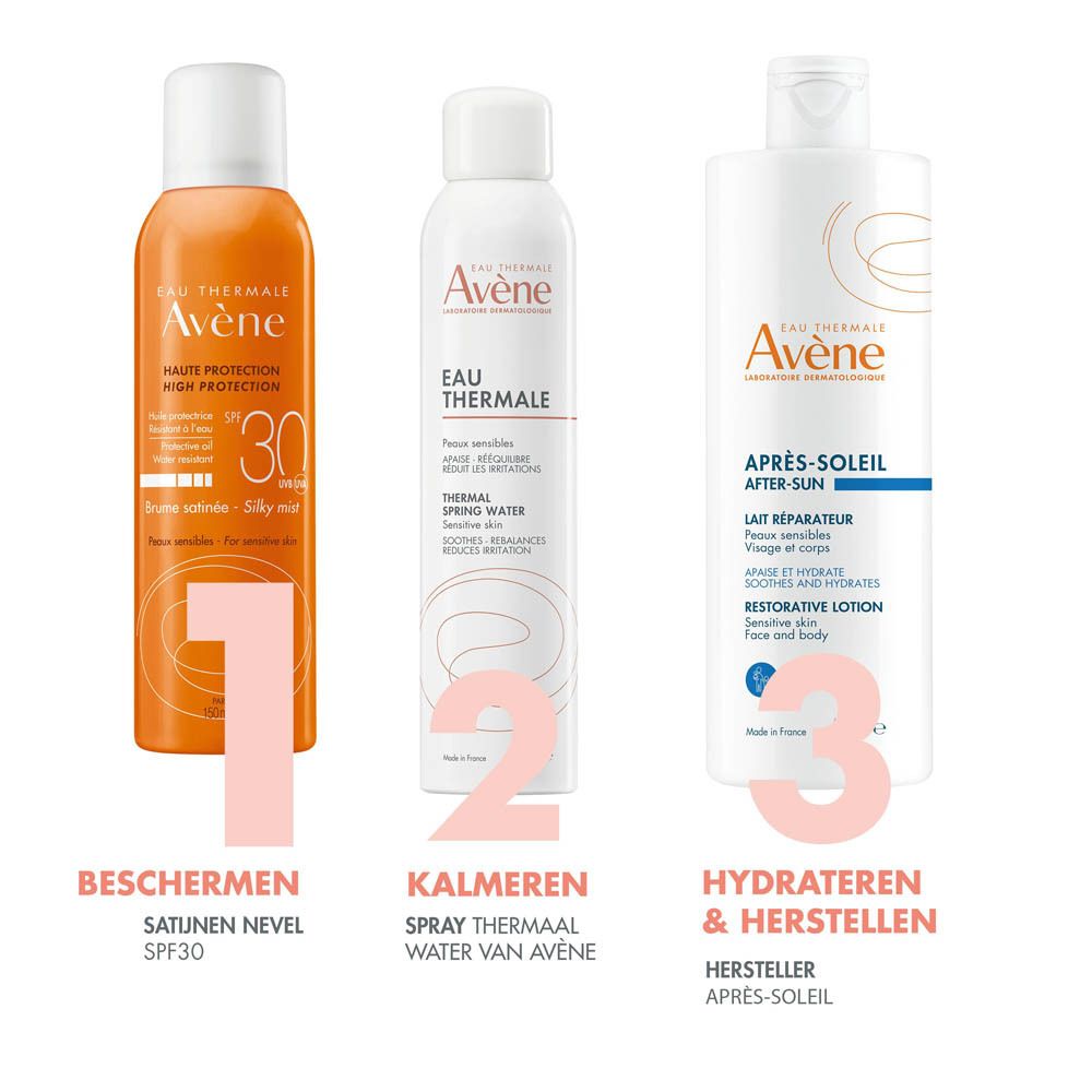Avene zonnebrandspray. Achterkant van de oranje spuitfles met tekst. Witte dop.