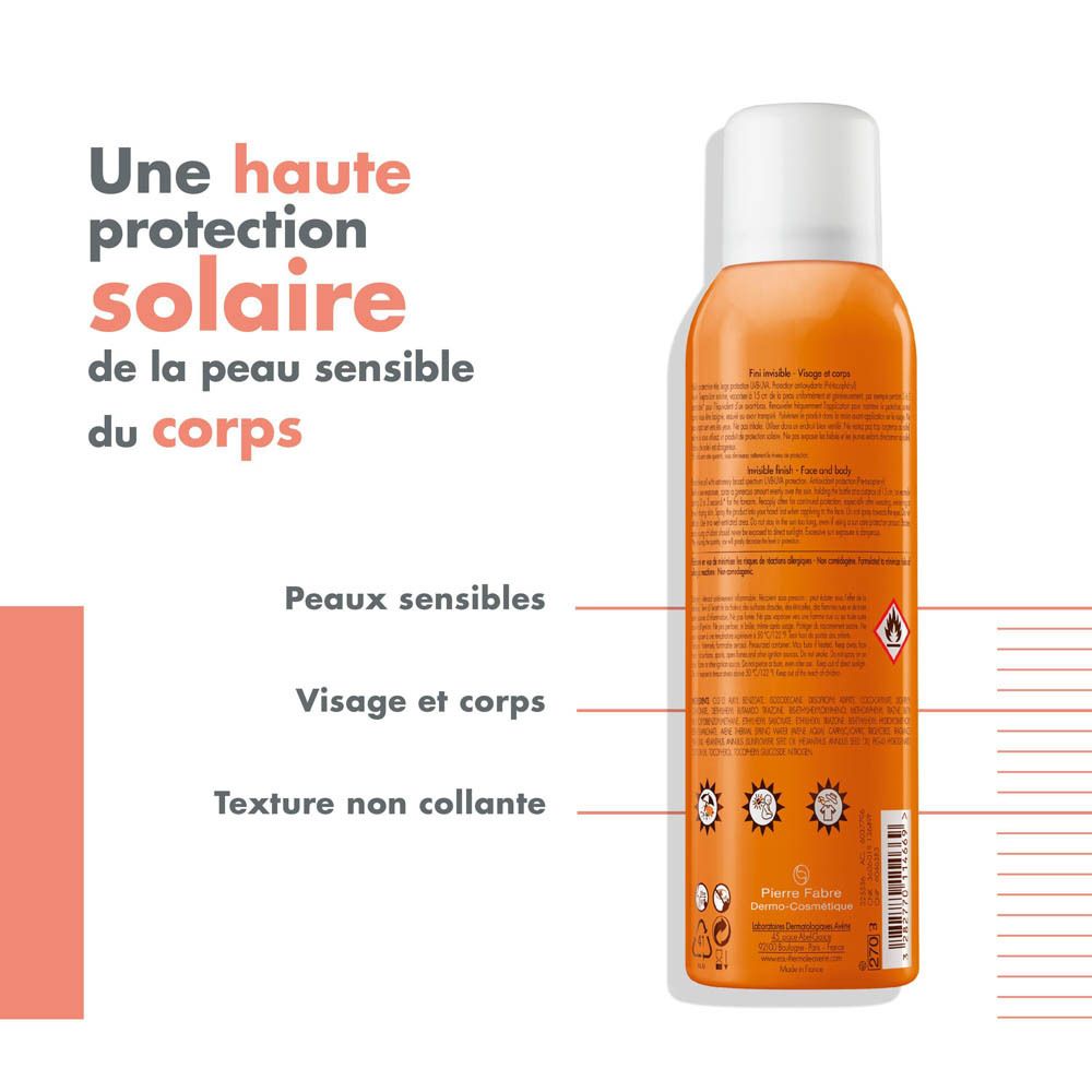 Spray solaire Avene. Dos du flacon orange avec texte. Bouchon blanc.